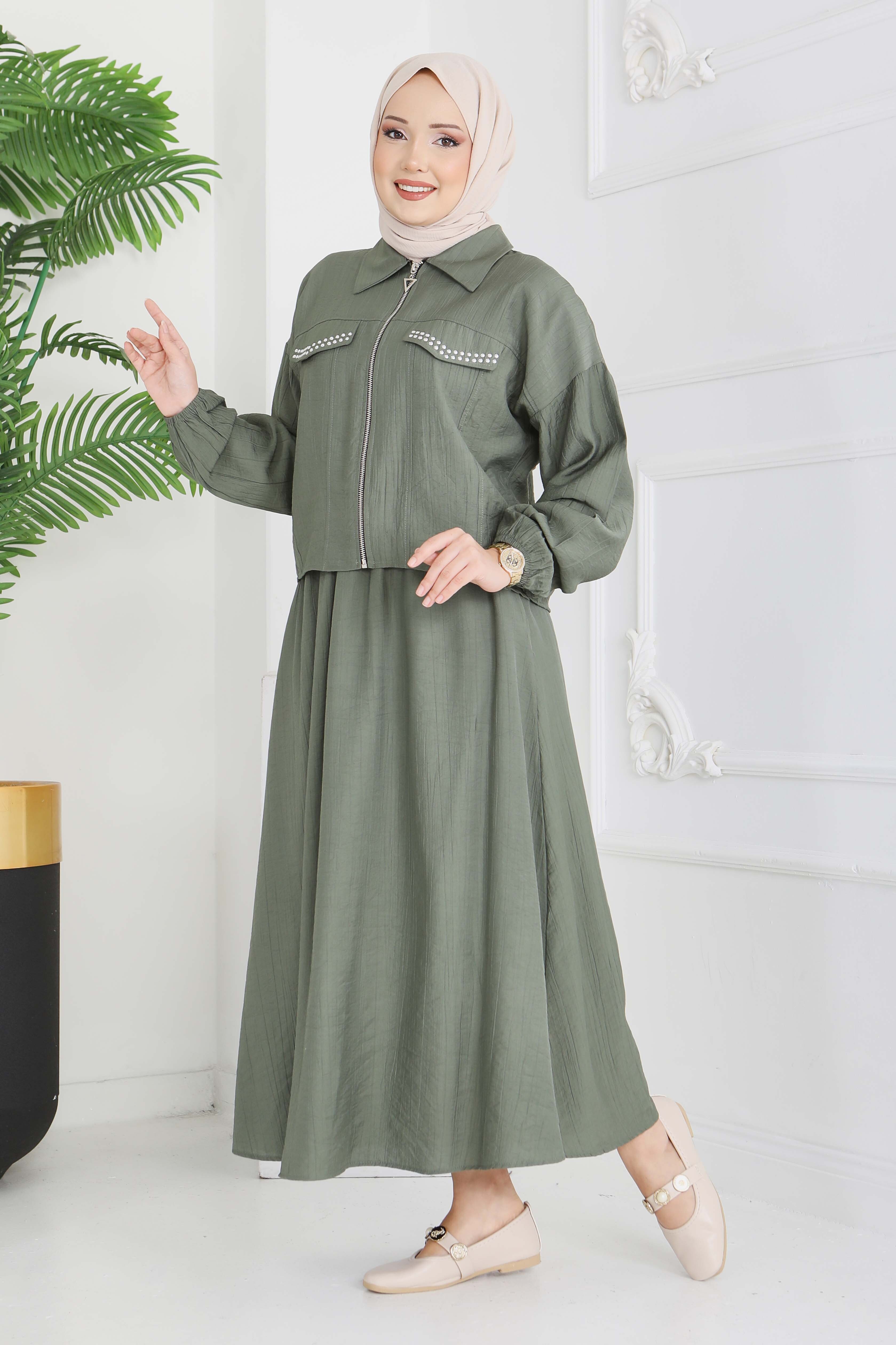 Fermuarlı Droplu İkili Takım - 28220-HAKI - 4