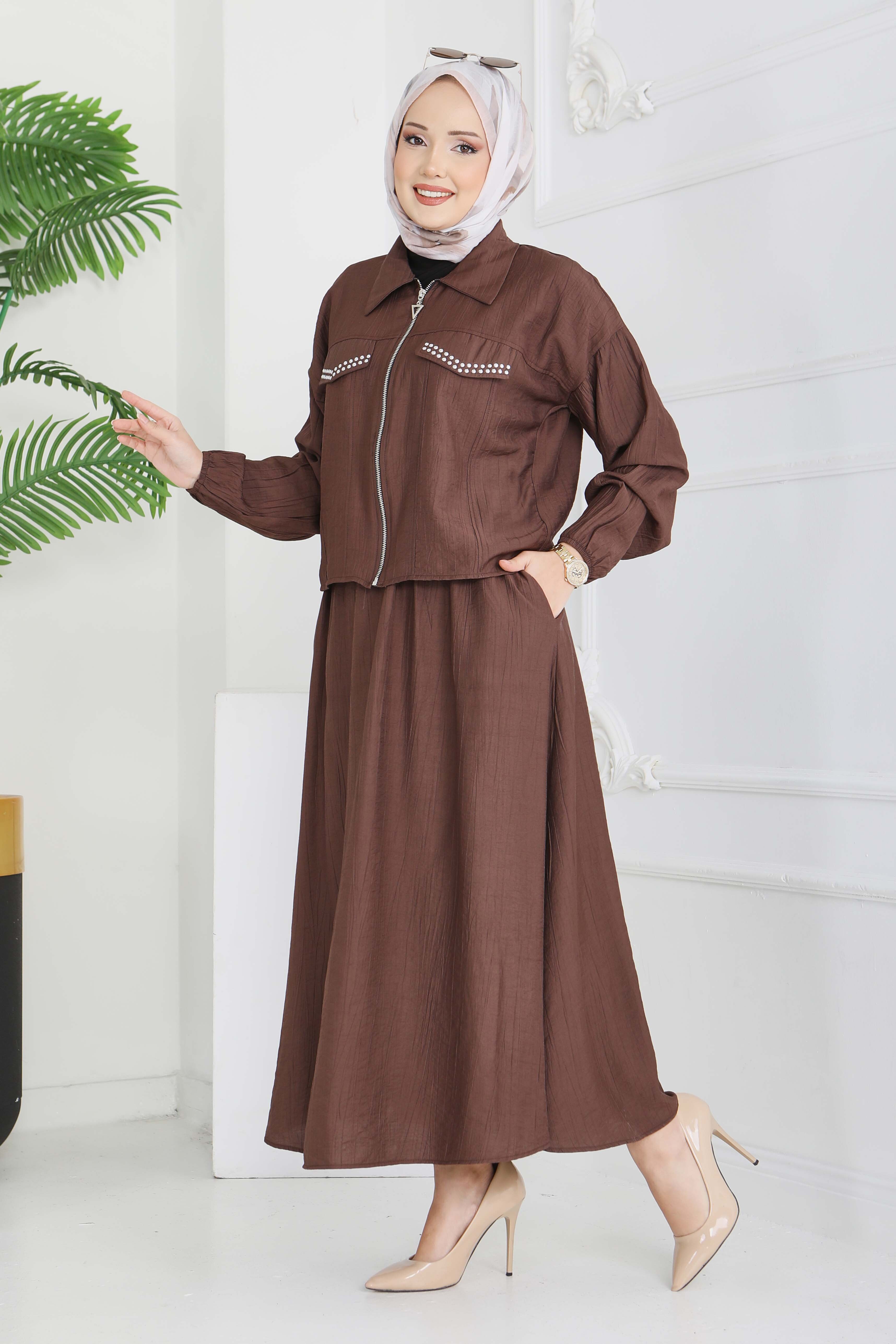 Fermuarlı Droplu İkili Takım - 28220-KAHVE - 1