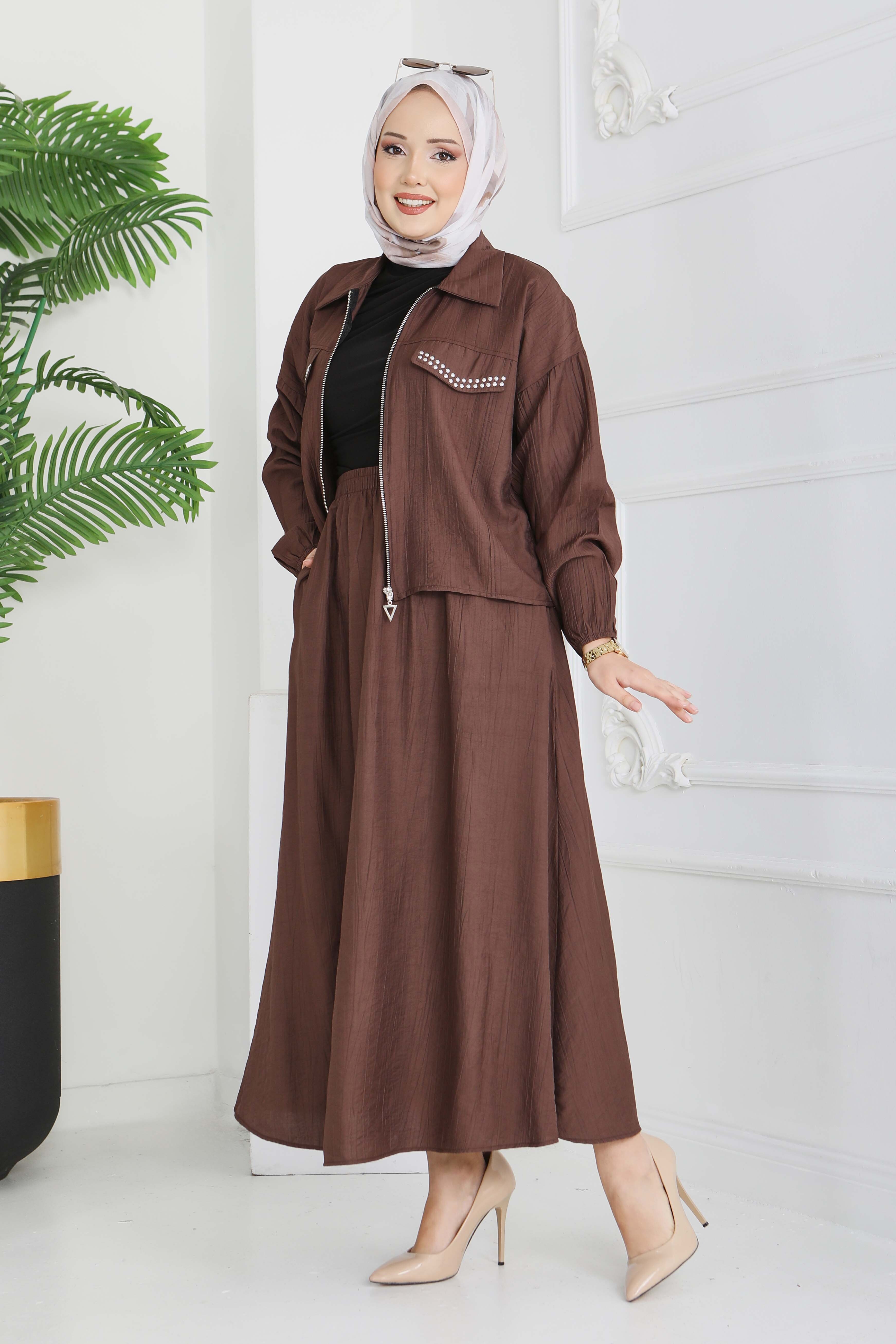 Fermuarlı Droplu İkili Takım - 28220-KAHVE - 2