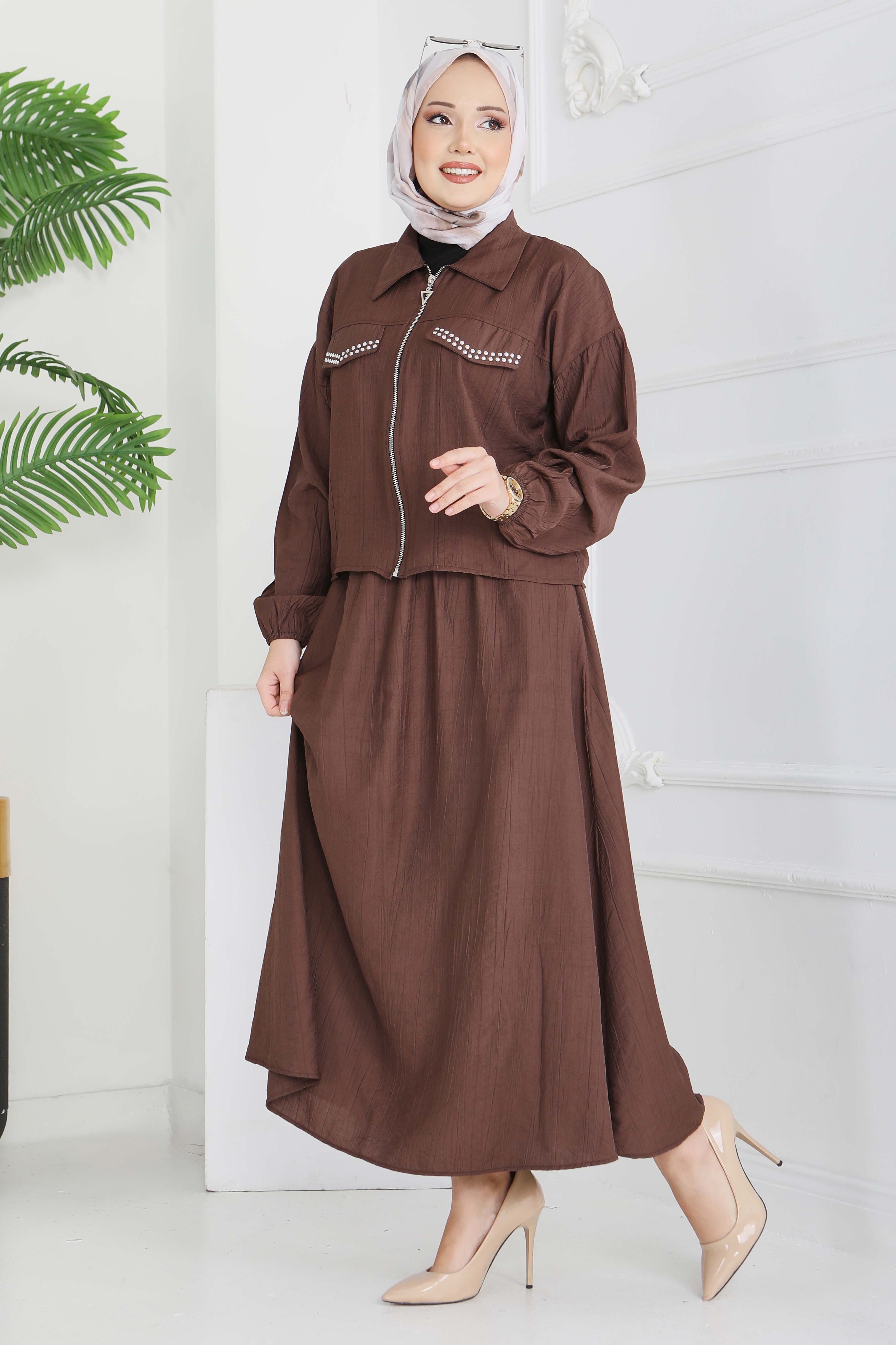 Fermuarlı Droplu İkili Takım - 28220-KAHVE - 3