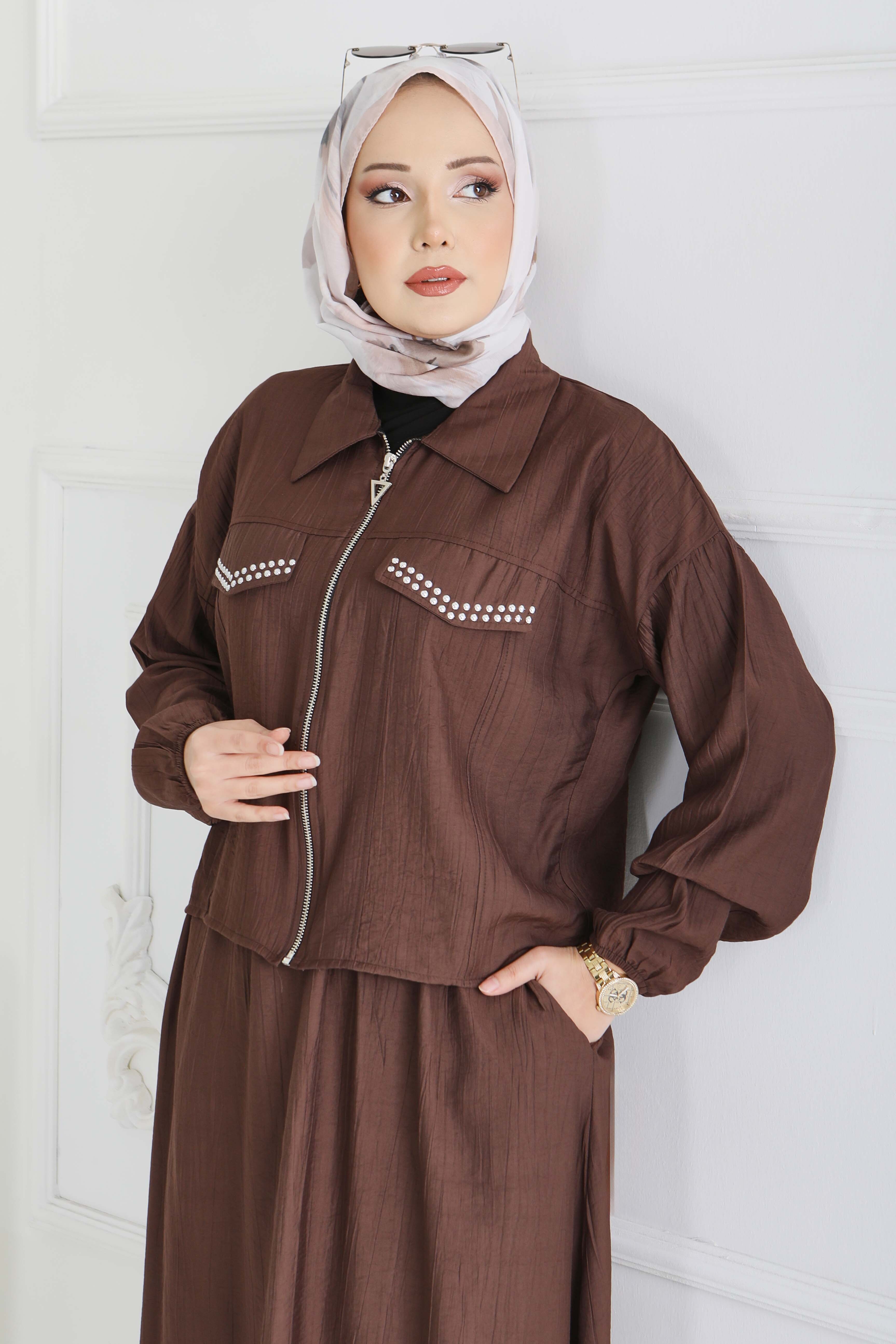 Fermuarlı Droplu İkili Takım - 28220-KAHVE - 4