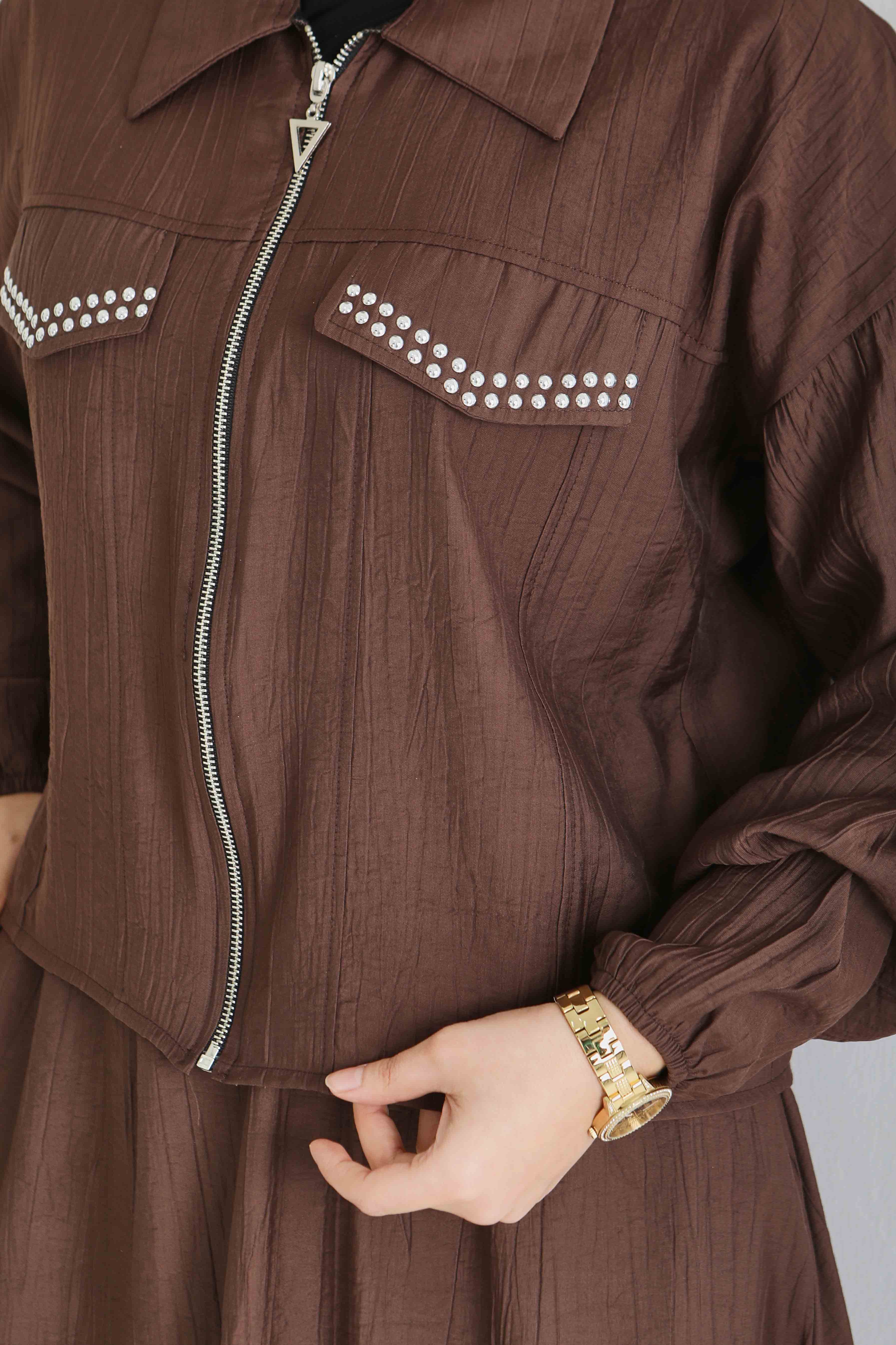 Fermuarlı Droplu İkili Takım - 28220-KAHVE - 5