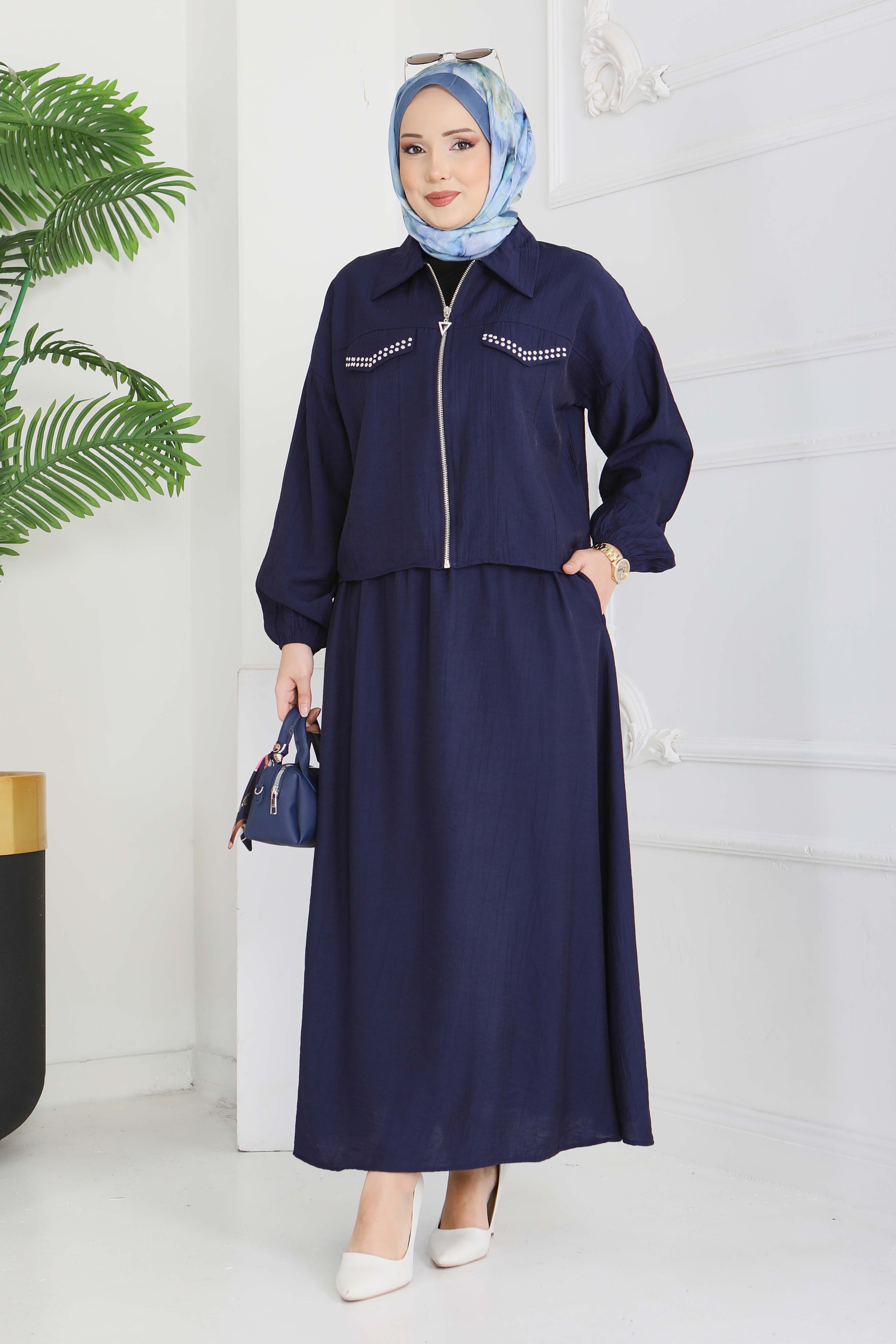 Fermuarlı Droplu İkili Takım - 28220-LACIVERT - 3