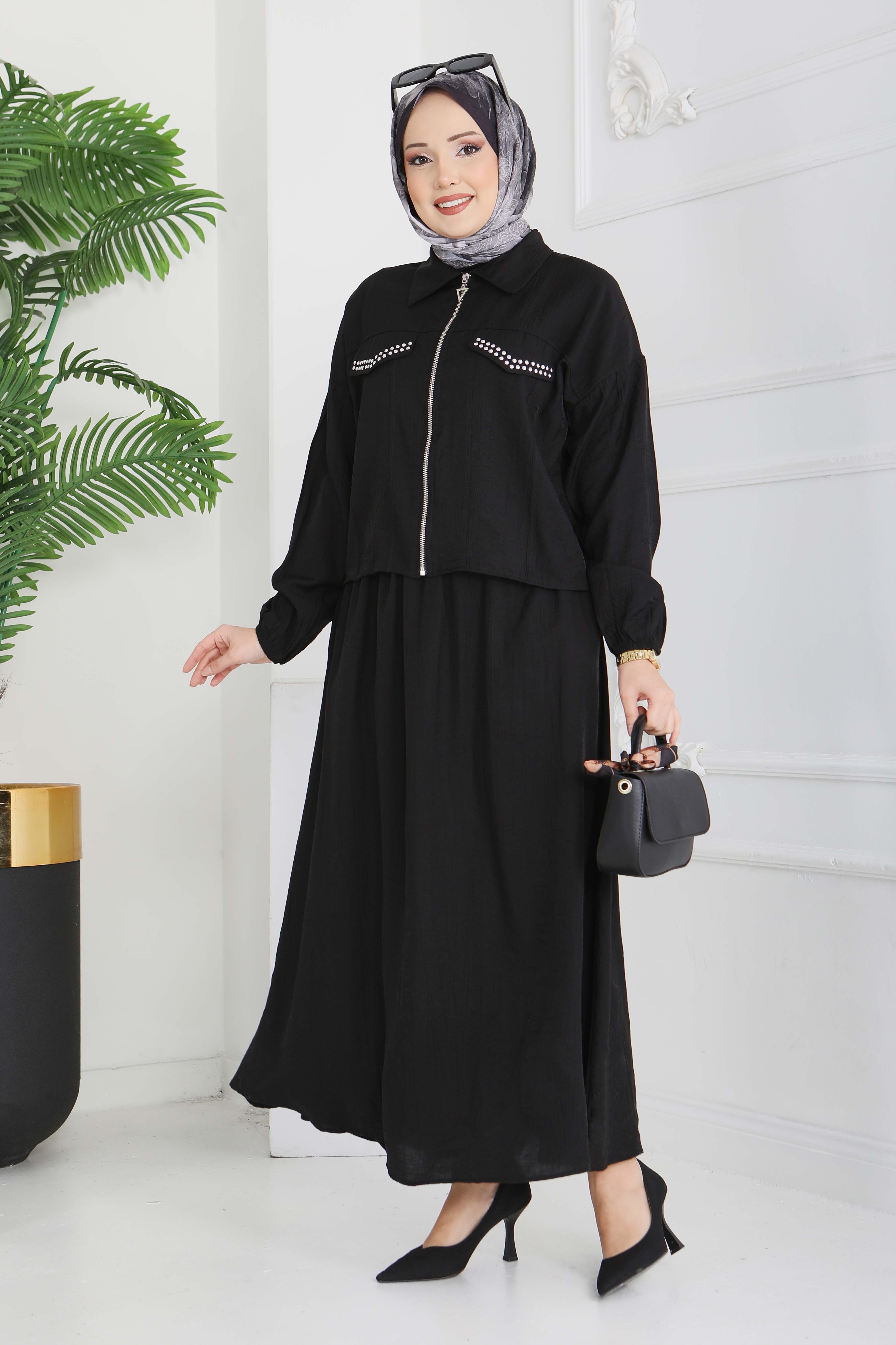 Fermuarlı Droplu İkili Takım - 28220-SIYAH - 1