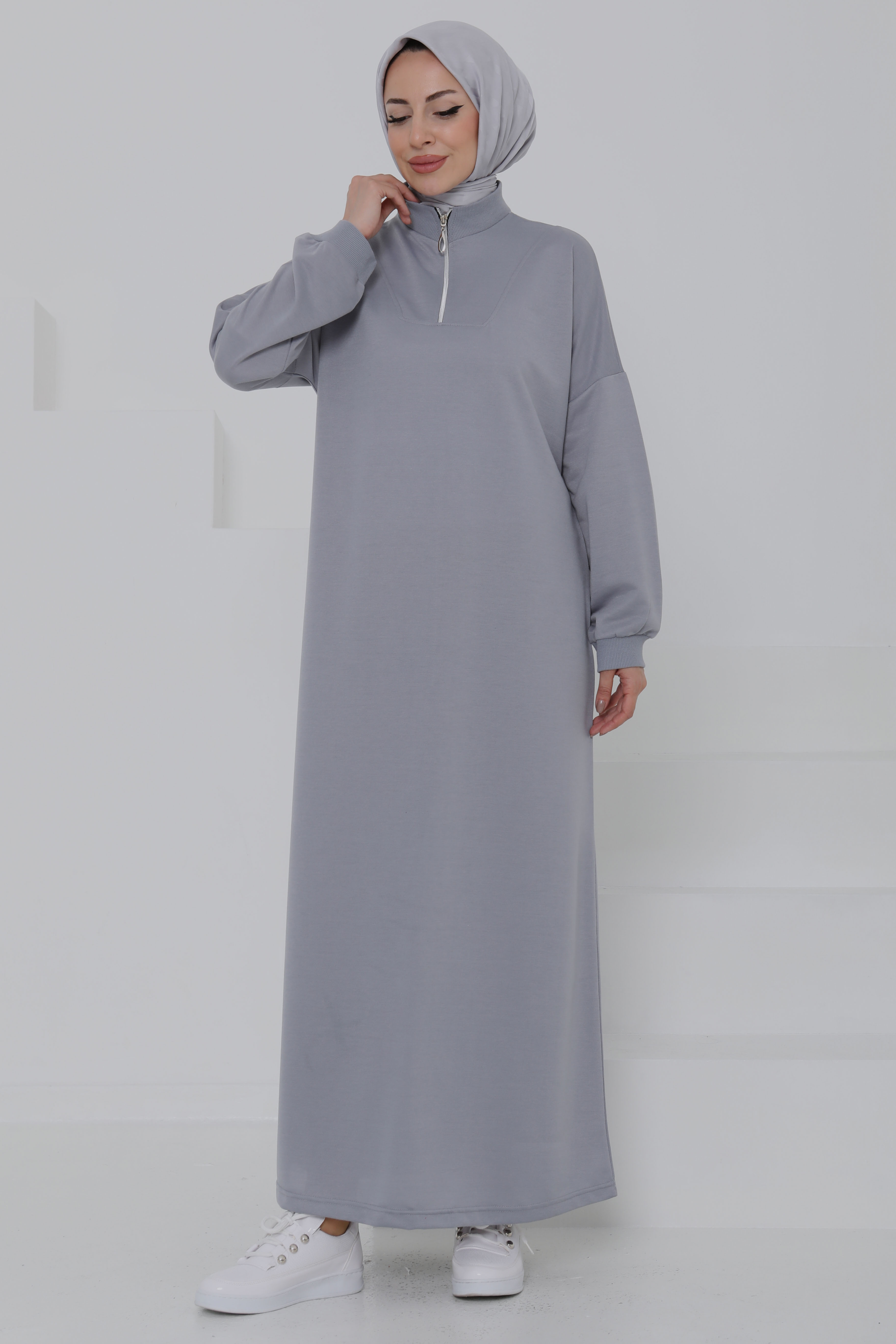 Fermuarlı Elbise Gri - 27046 - 1