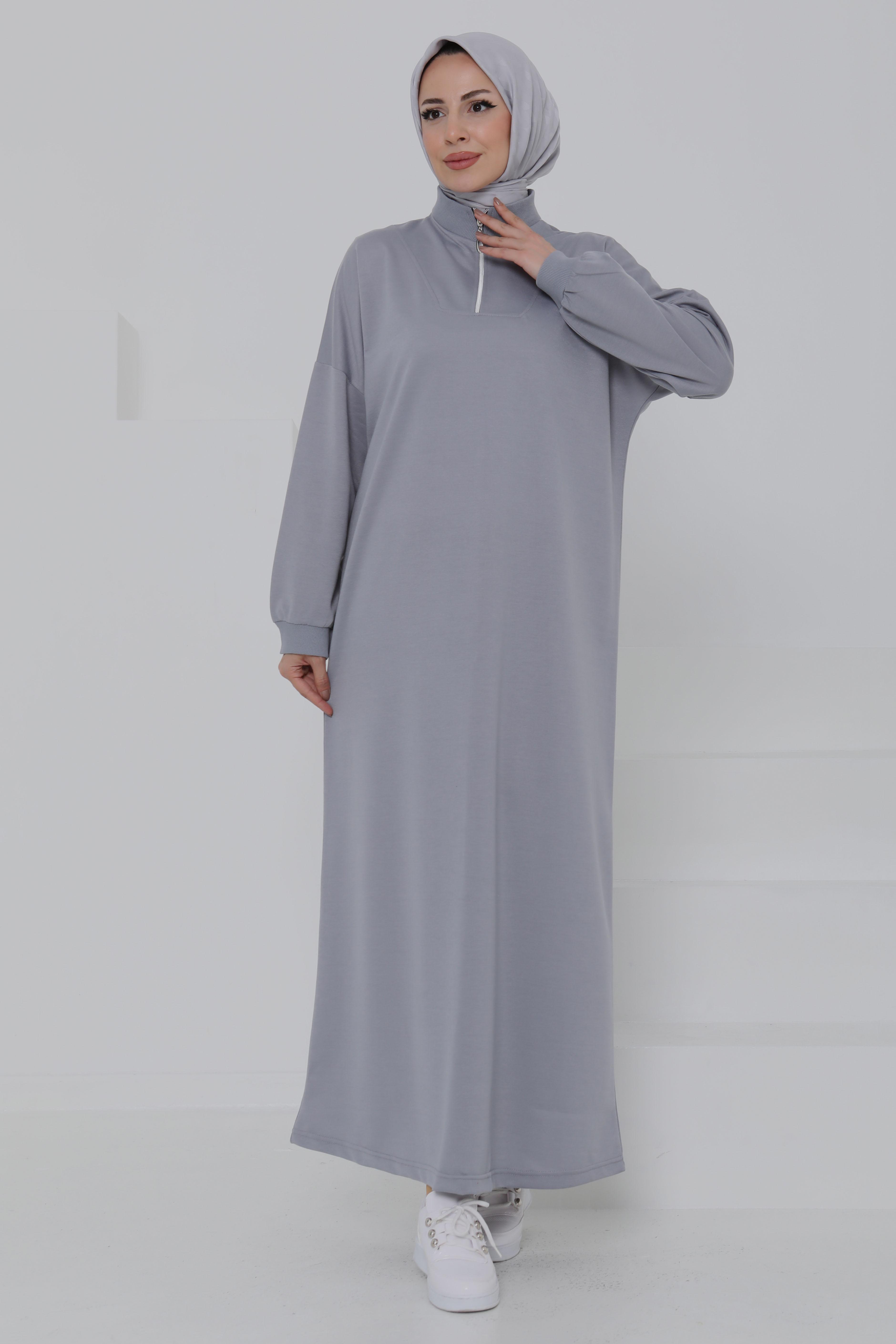 Fermuarlı Elbise Gri - 27046 - 2