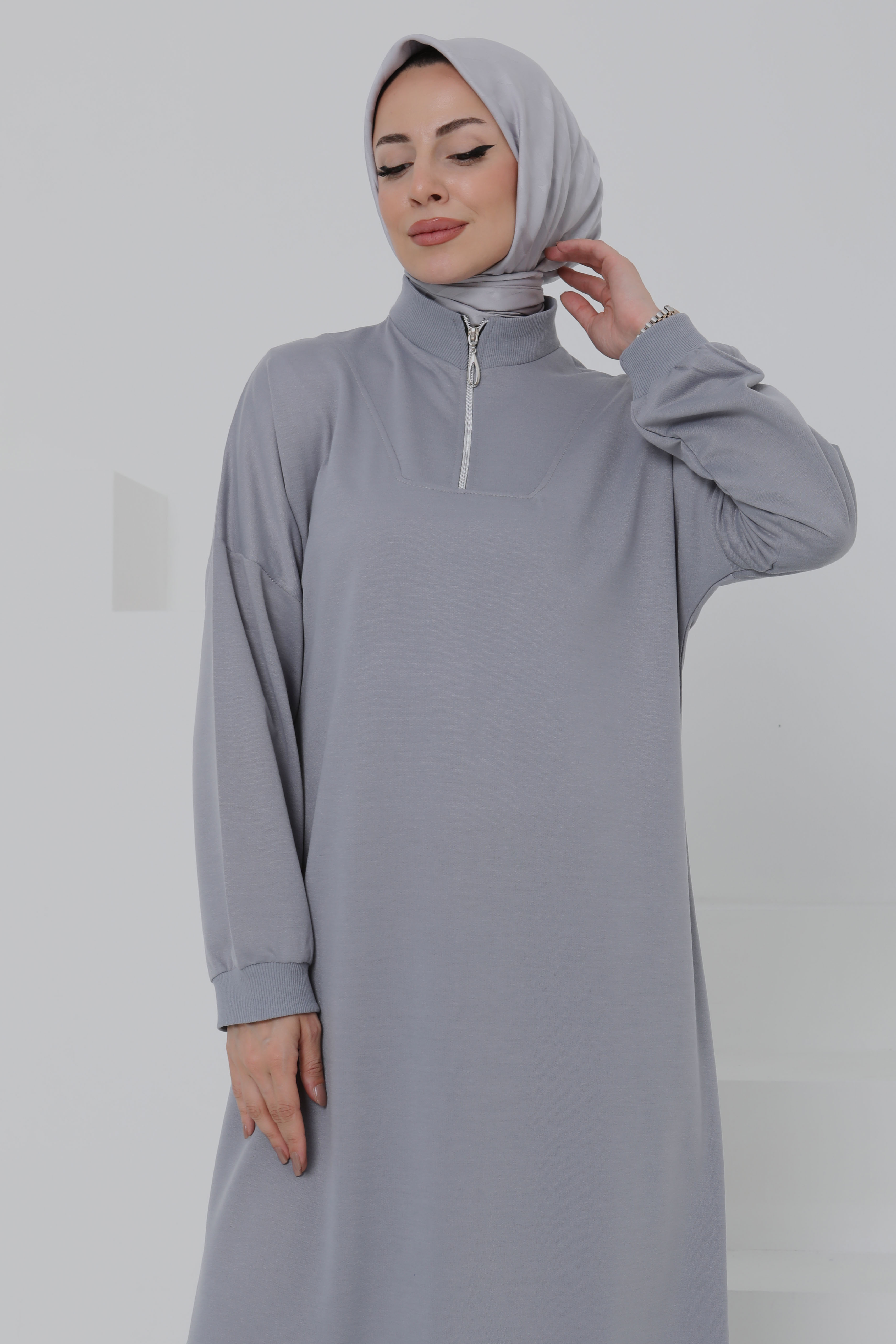 Fermuarlı Elbise Gri - 27046 - 4
