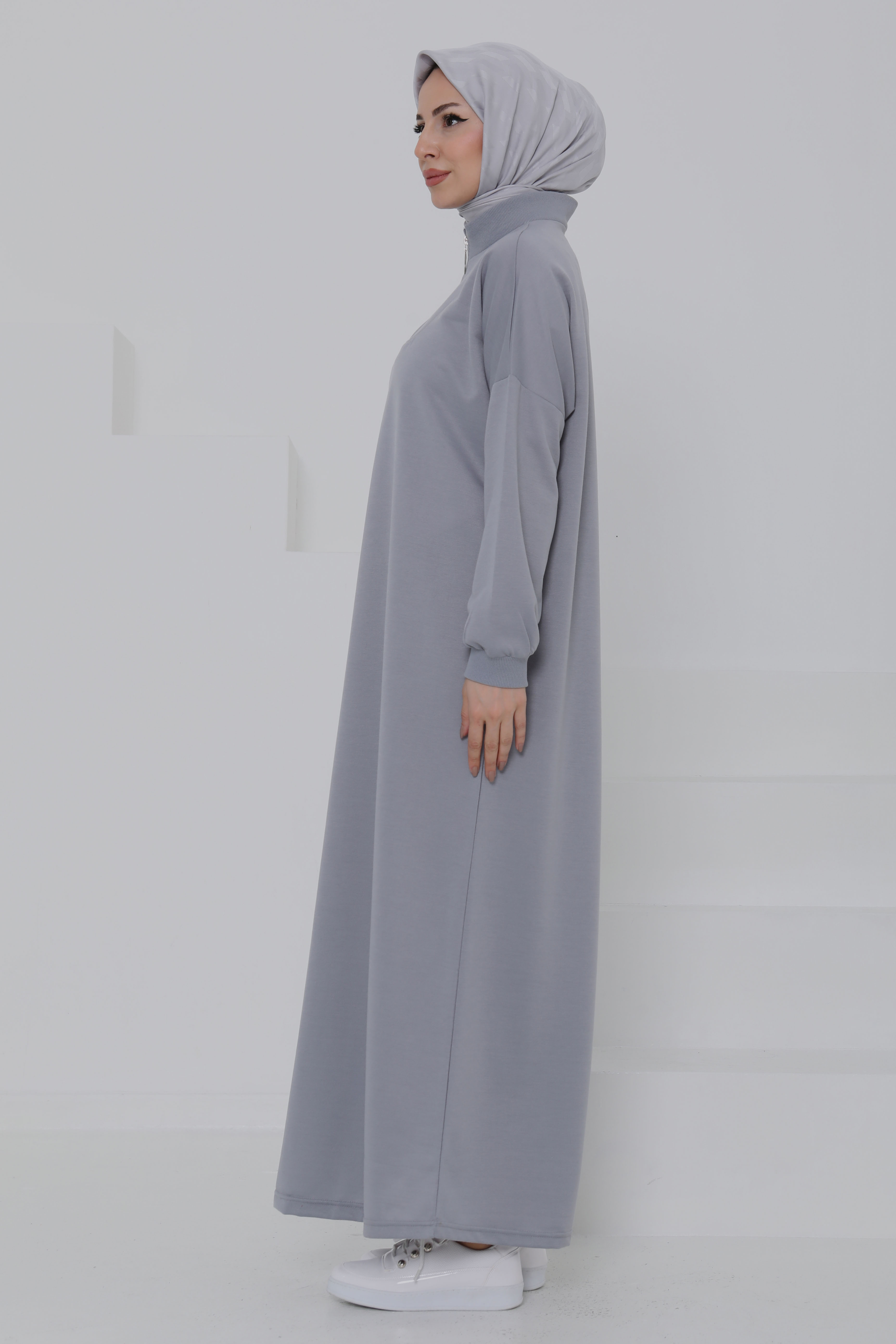 Fermuarlı Elbise Gri - 27046 - 5