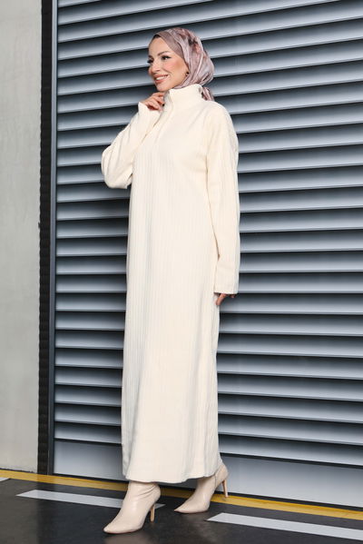 Fermuarlı Fitili Triko Elbise - 27935-KREM 