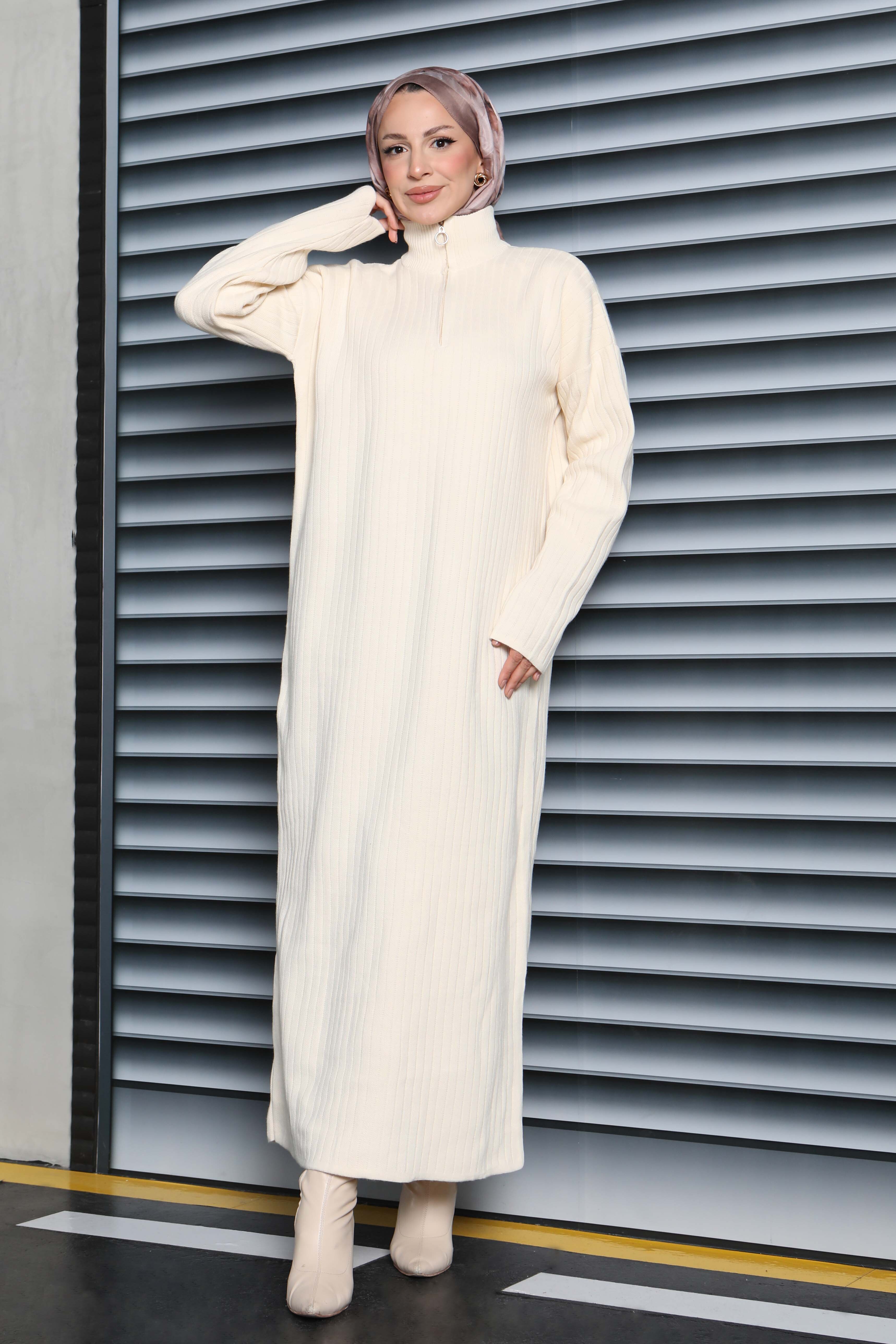 Fermuarlı Fitili Triko Elbise - 27935-KREM - 2