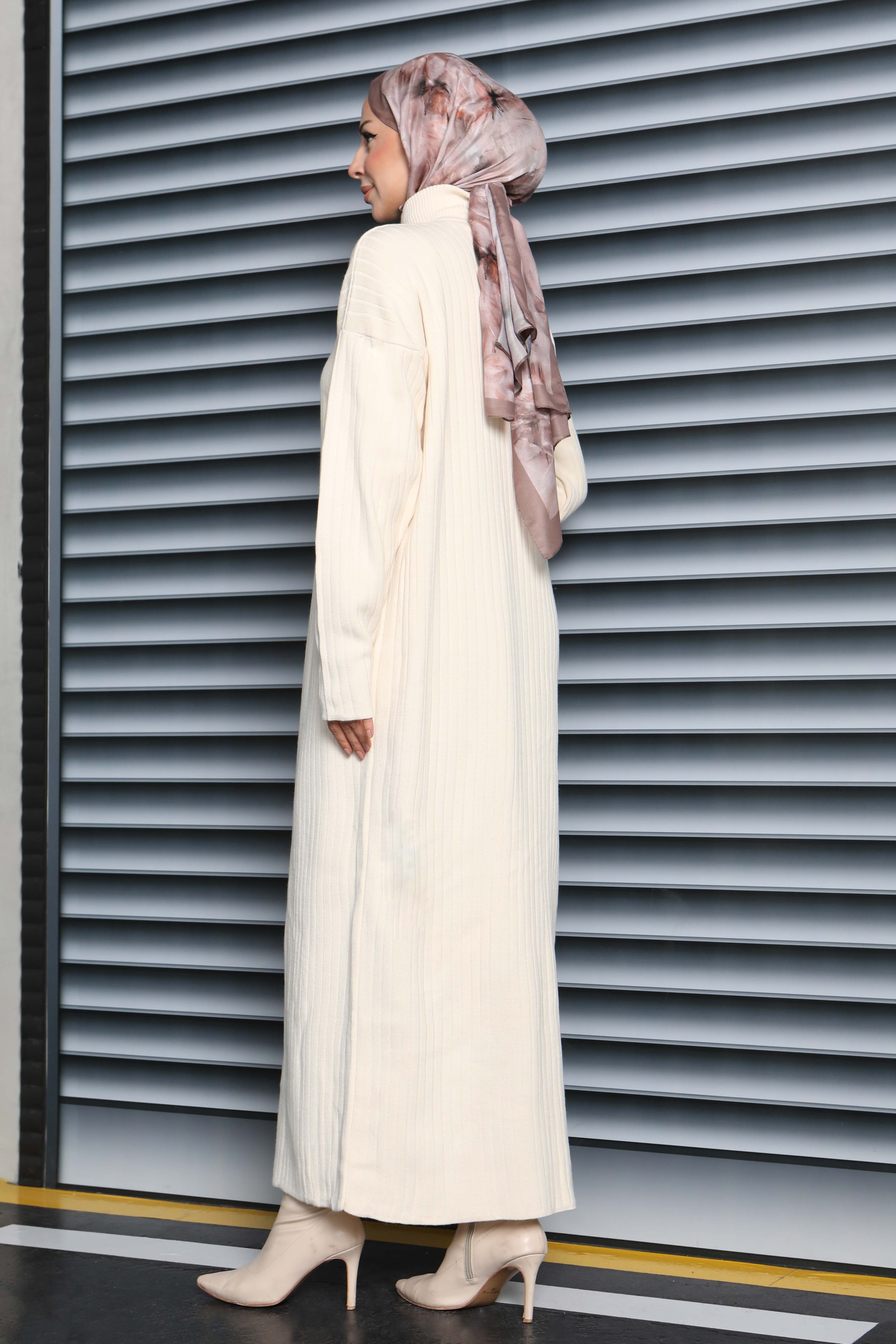 Fermuarlı Fitili Triko Elbise - 27935-KREM - 4