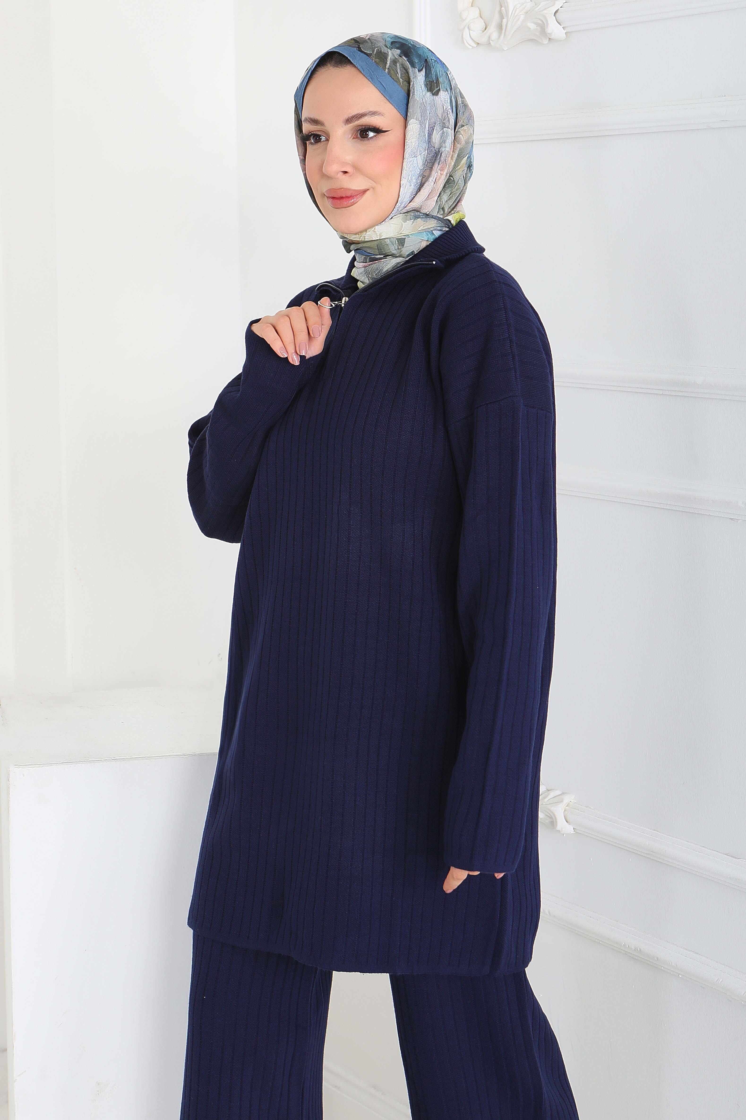 Fermuarlı Fitili Triko Takım - 27936-LACIVERT - 2