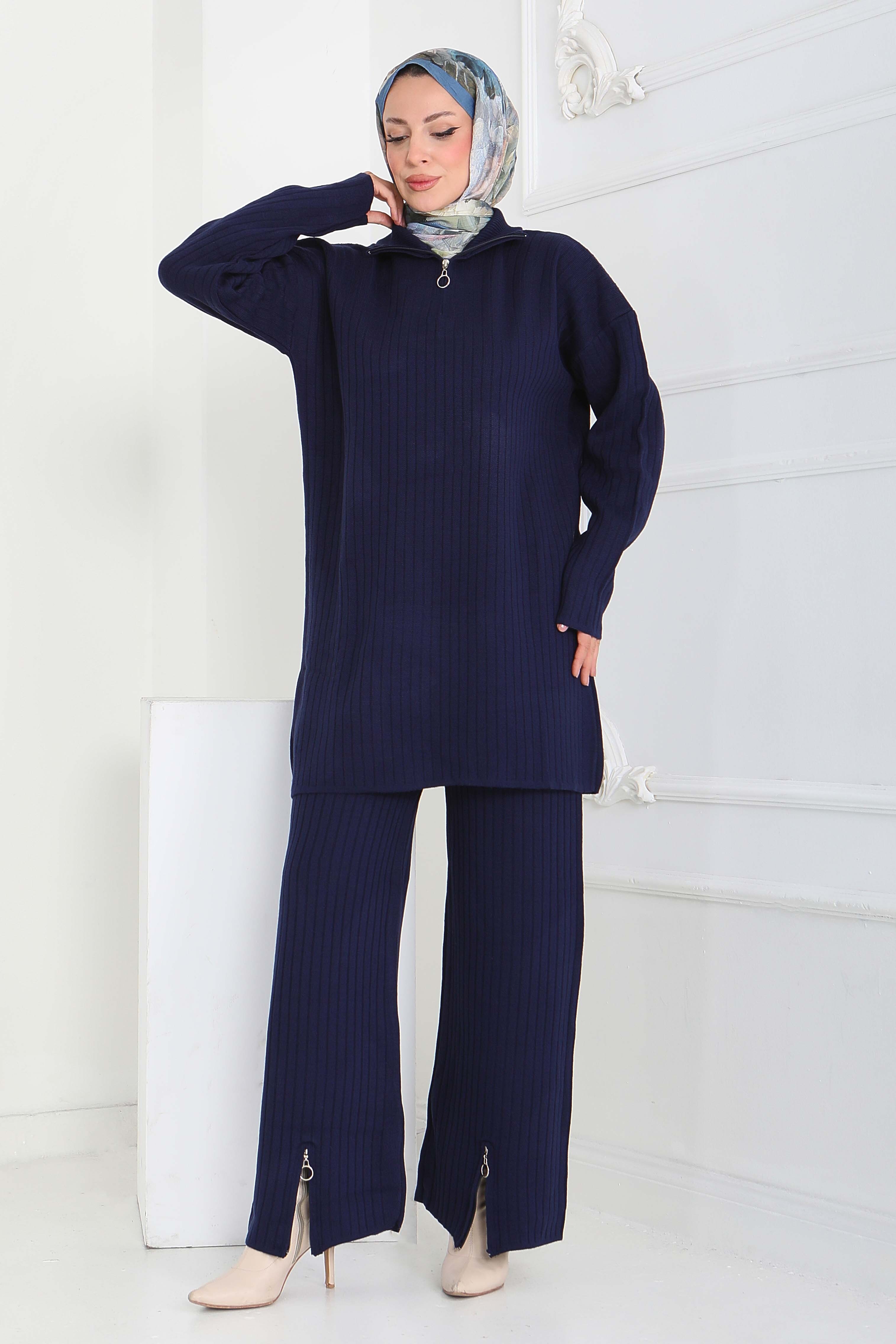 Fermuarlı Fitili Triko Takım - 27936-LACIVERT - 3