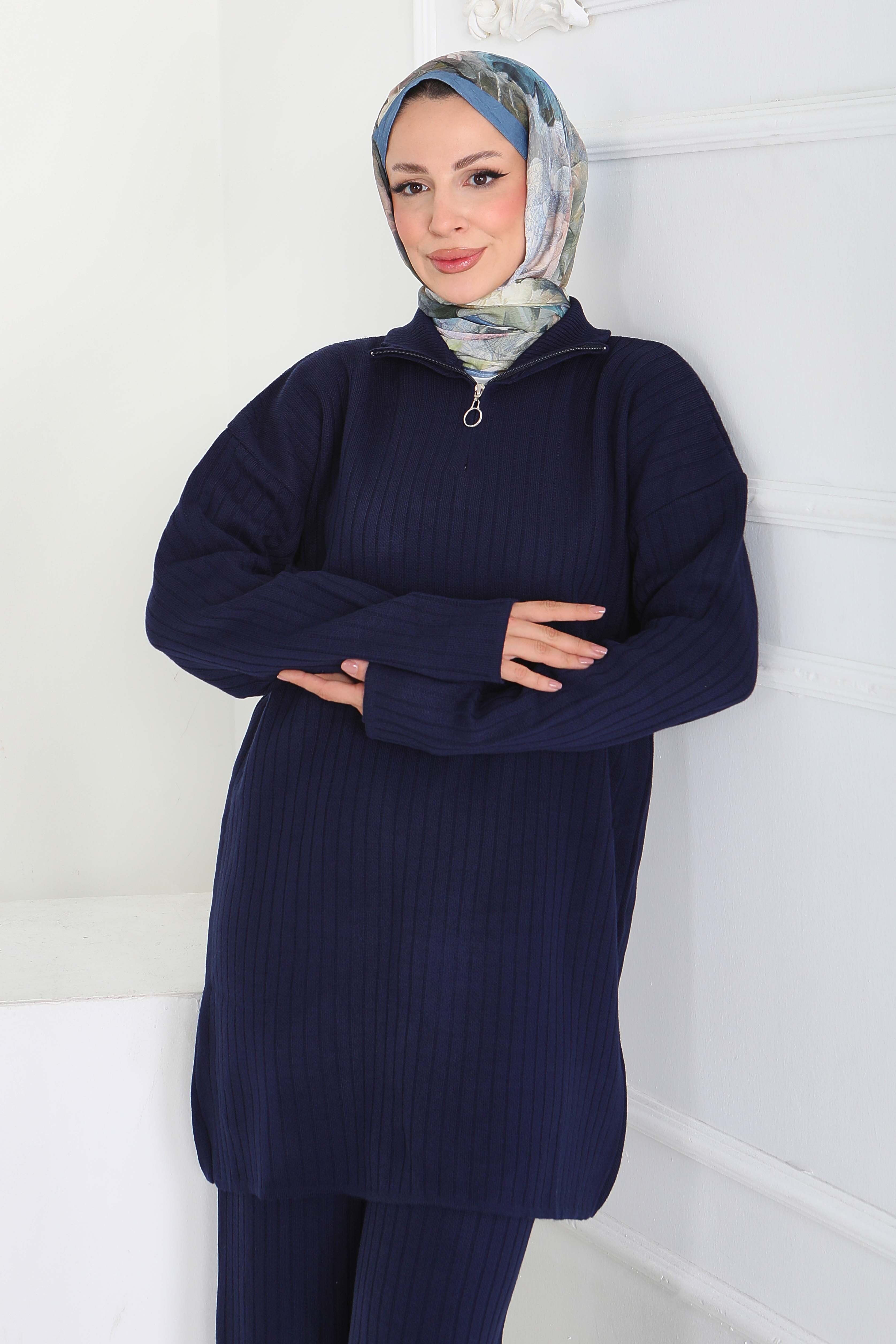 Fermuarlı Fitili Triko Takım - 27936-LACIVERT - 4