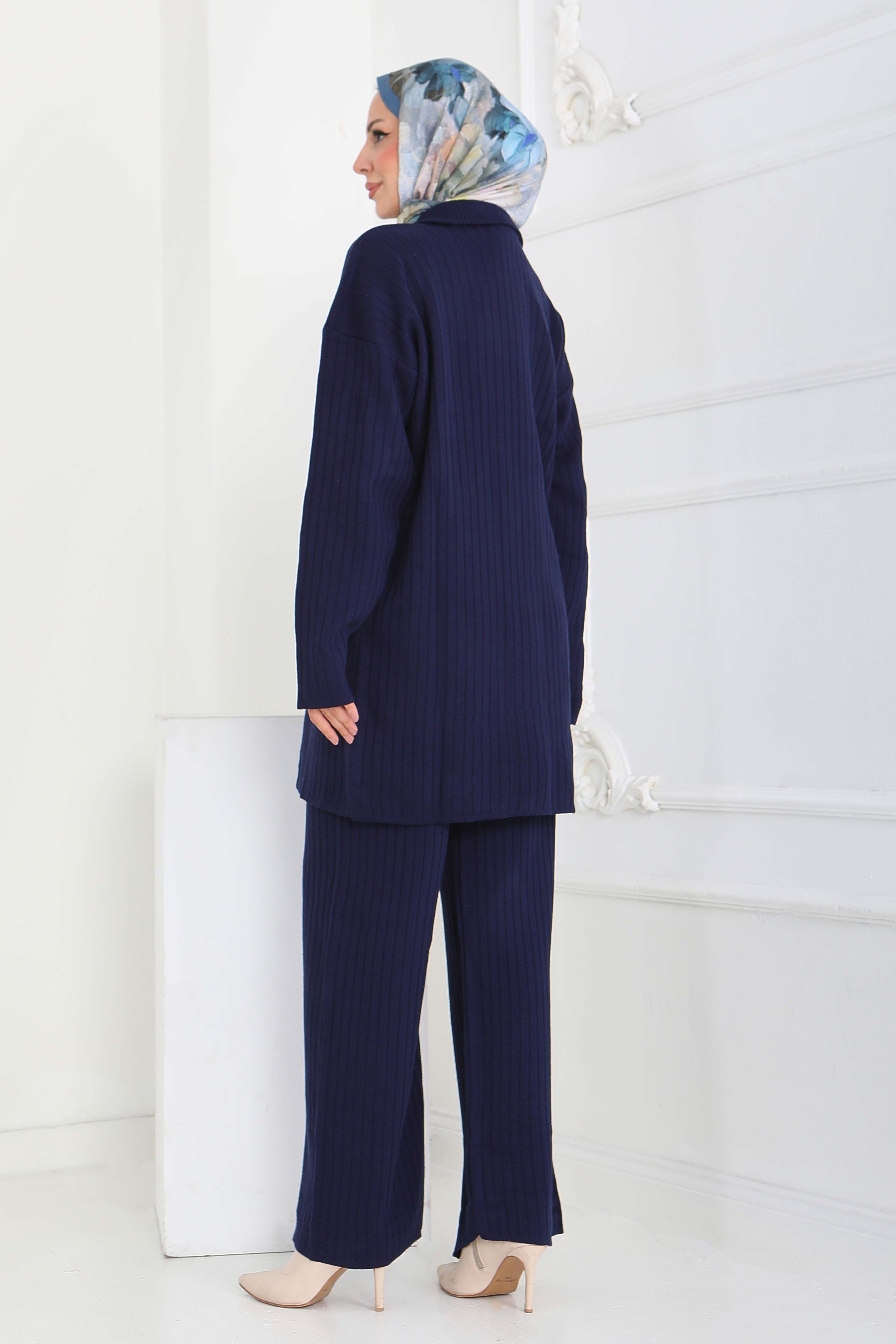 Fermuarlı Fitili Triko Takım - 27936-LACIVERT - 5