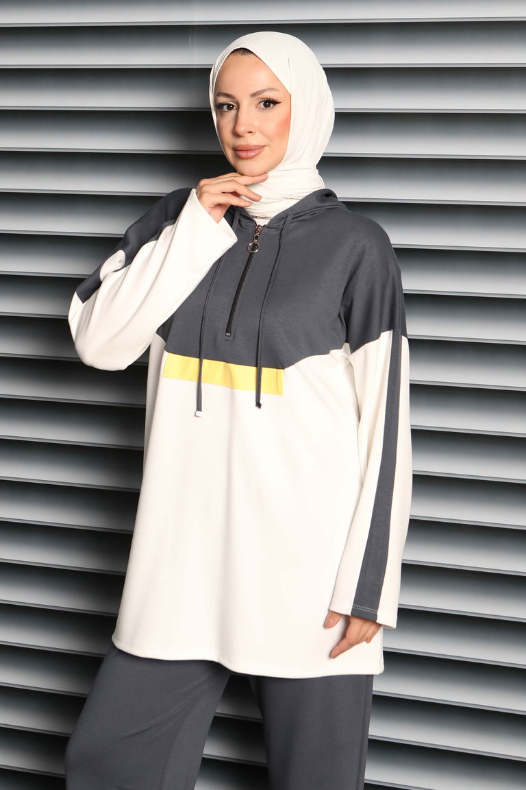 Fermuarlı Garnili Modal İkili Takım - 27862-FUME - TOFİSA