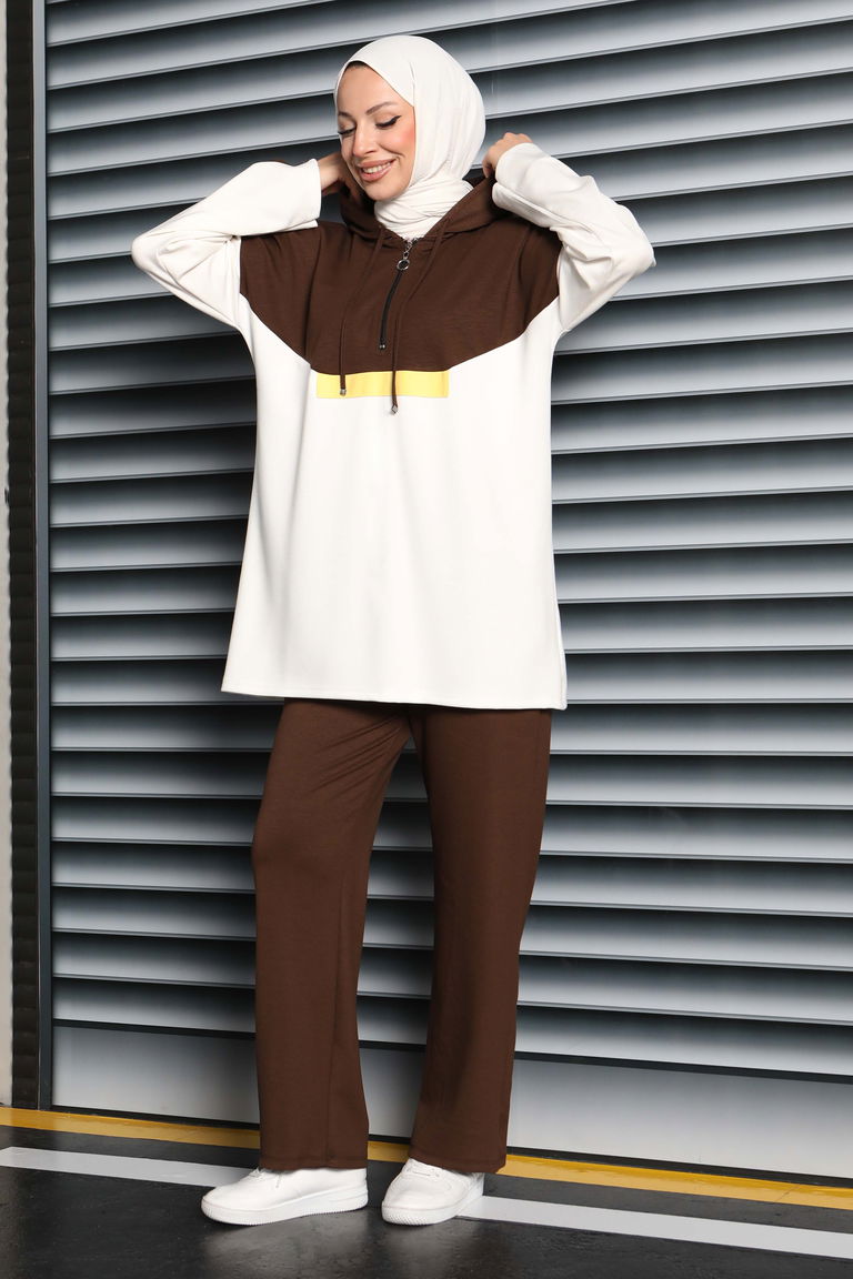 Fermuarlı Garnili Modal İkili Takım - 27862-KAHVE - TOFİSA