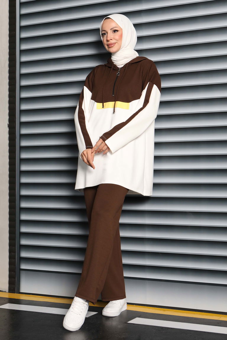 Fermuarlı Garnili Modal İkili Takım - 27862-KAHVE - TOFİSA