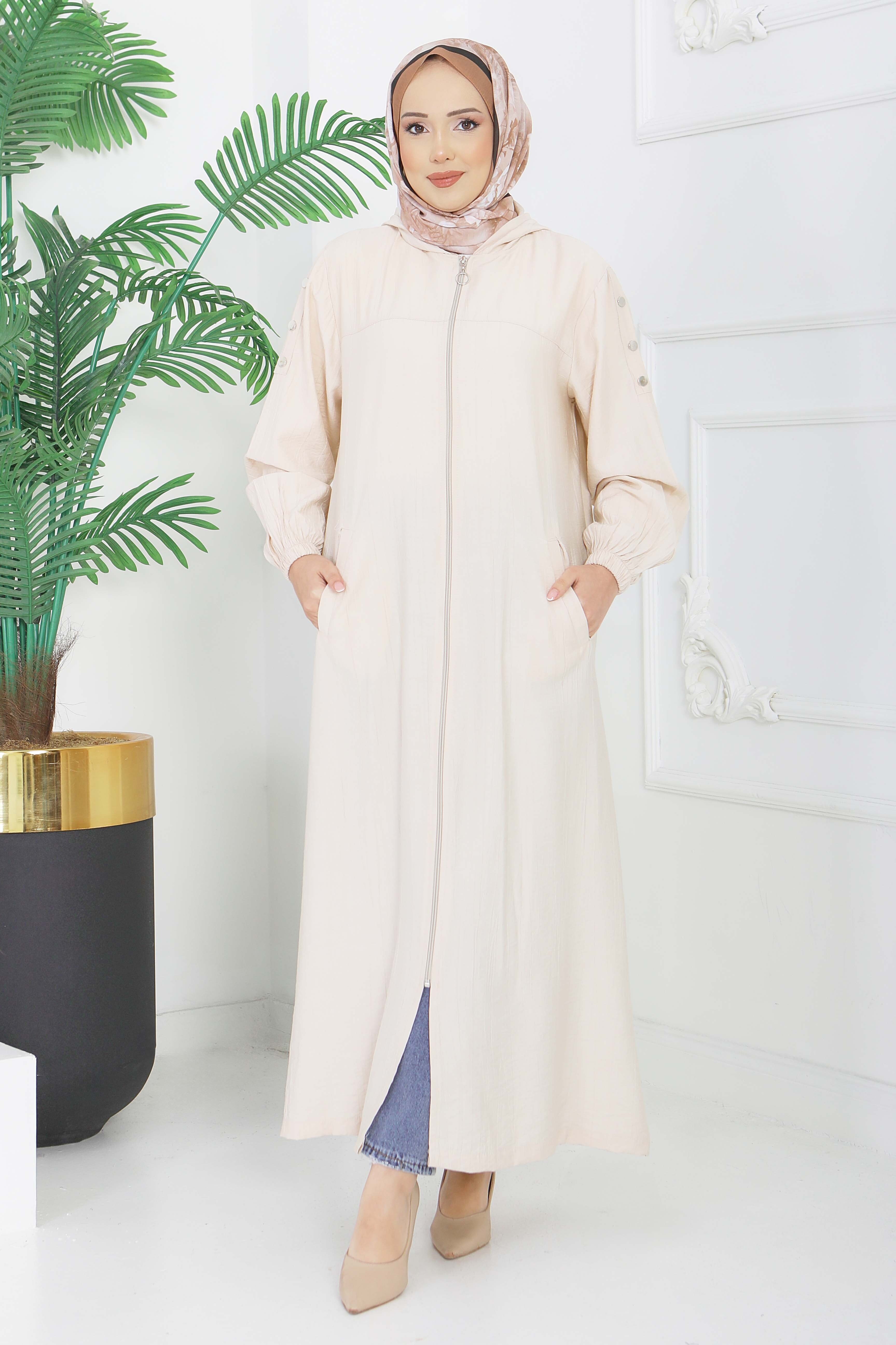 Fermuarlı Kapşonlu Ferace Krem - 28391-KREM - 1