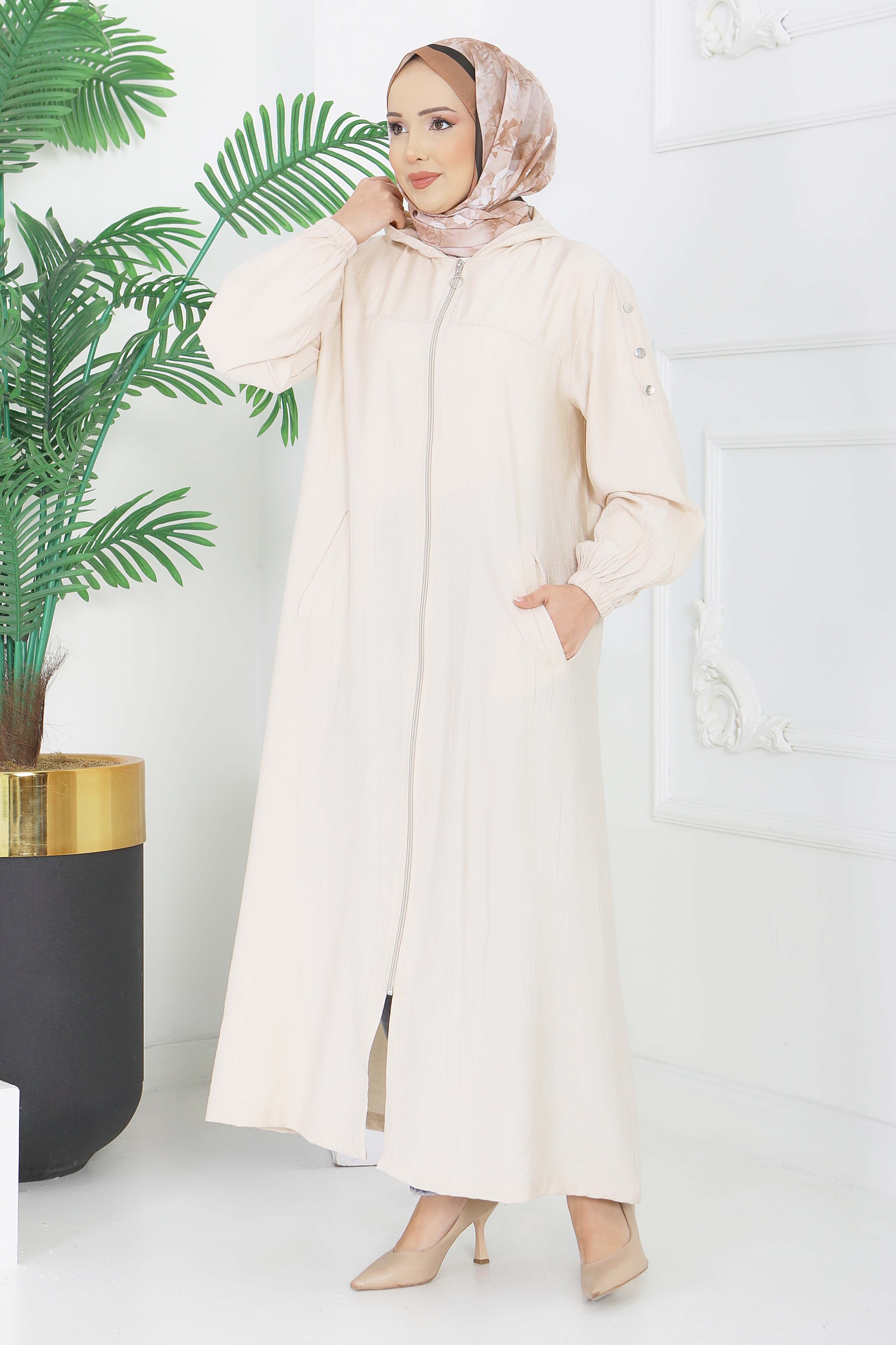 Fermuarlı Kapşonlu Ferace Krem - 28391-KREM - 2