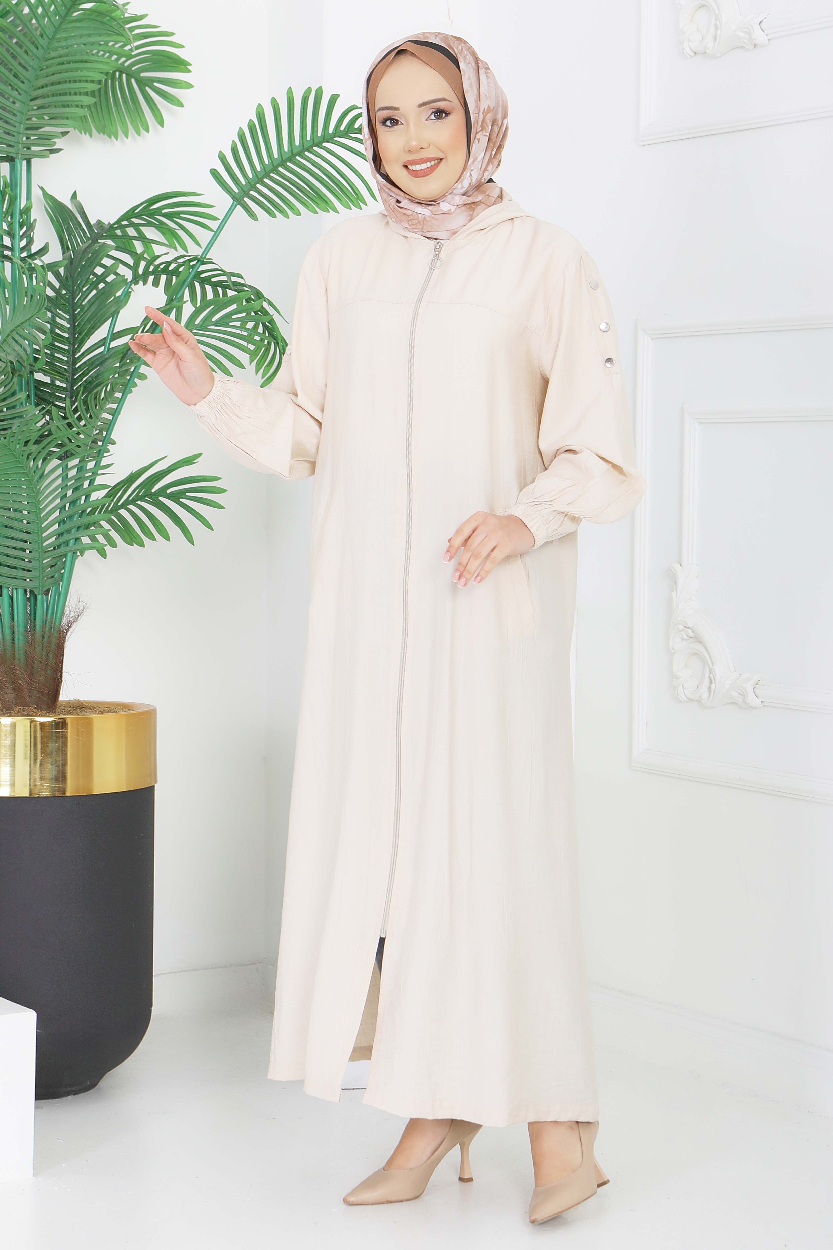 Fermuarlı Kapşonlu Ferace Krem - 28391-KREM - 3