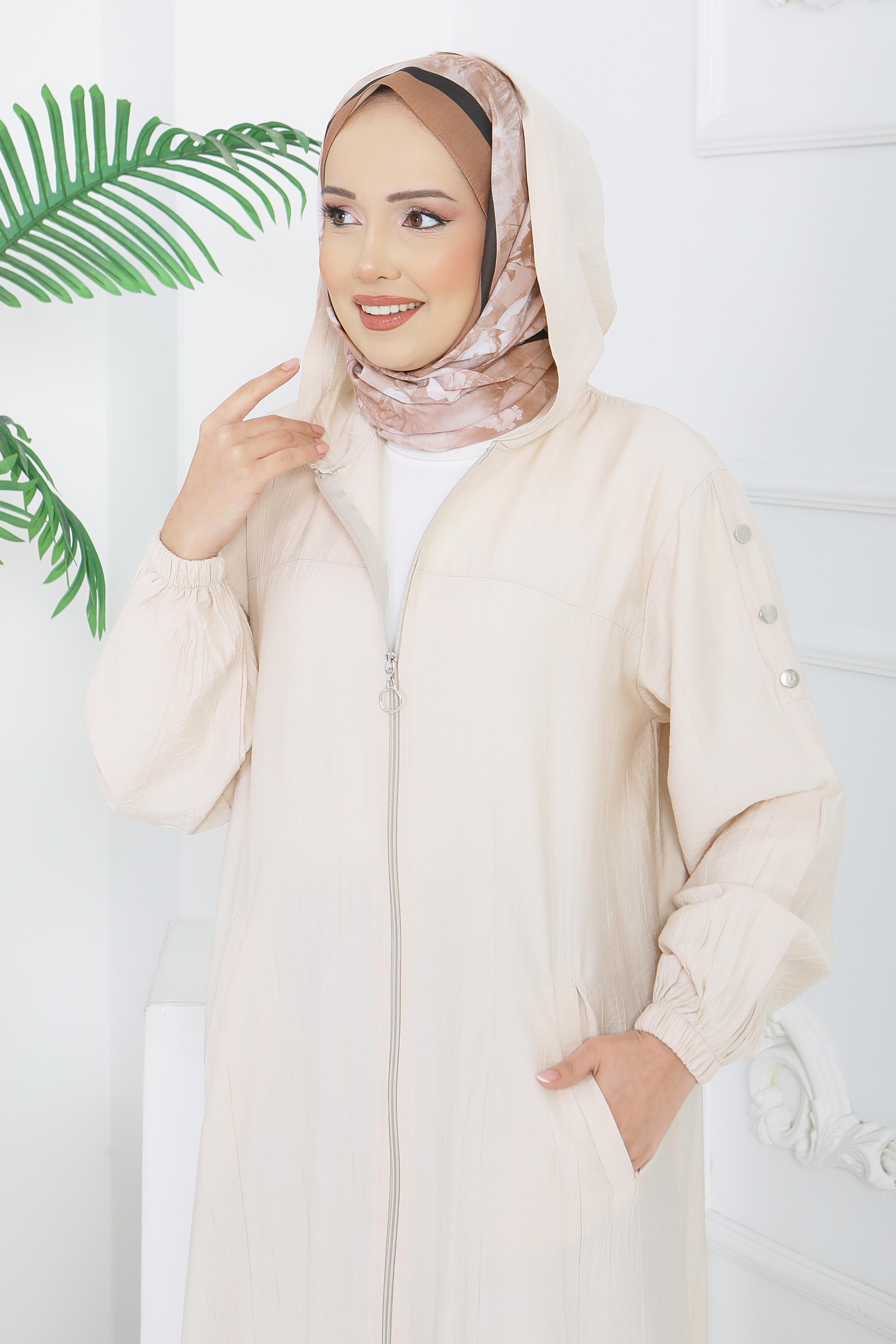 Fermuarlı Kapşonlu Ferace Krem - 28391-KREM - 4