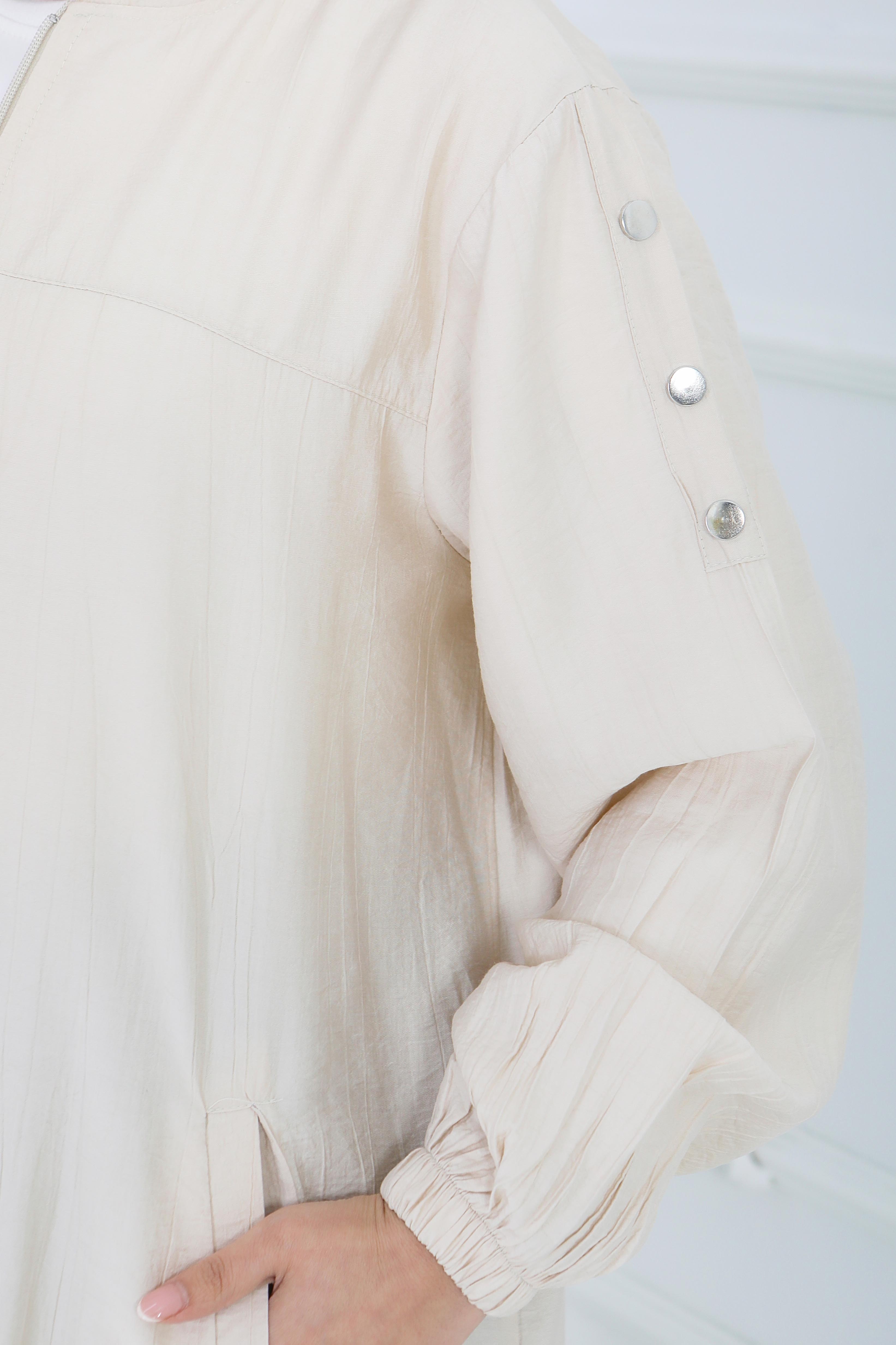 Fermuarlı Kapşonlu Ferace Krem - 28391-KREM - 5