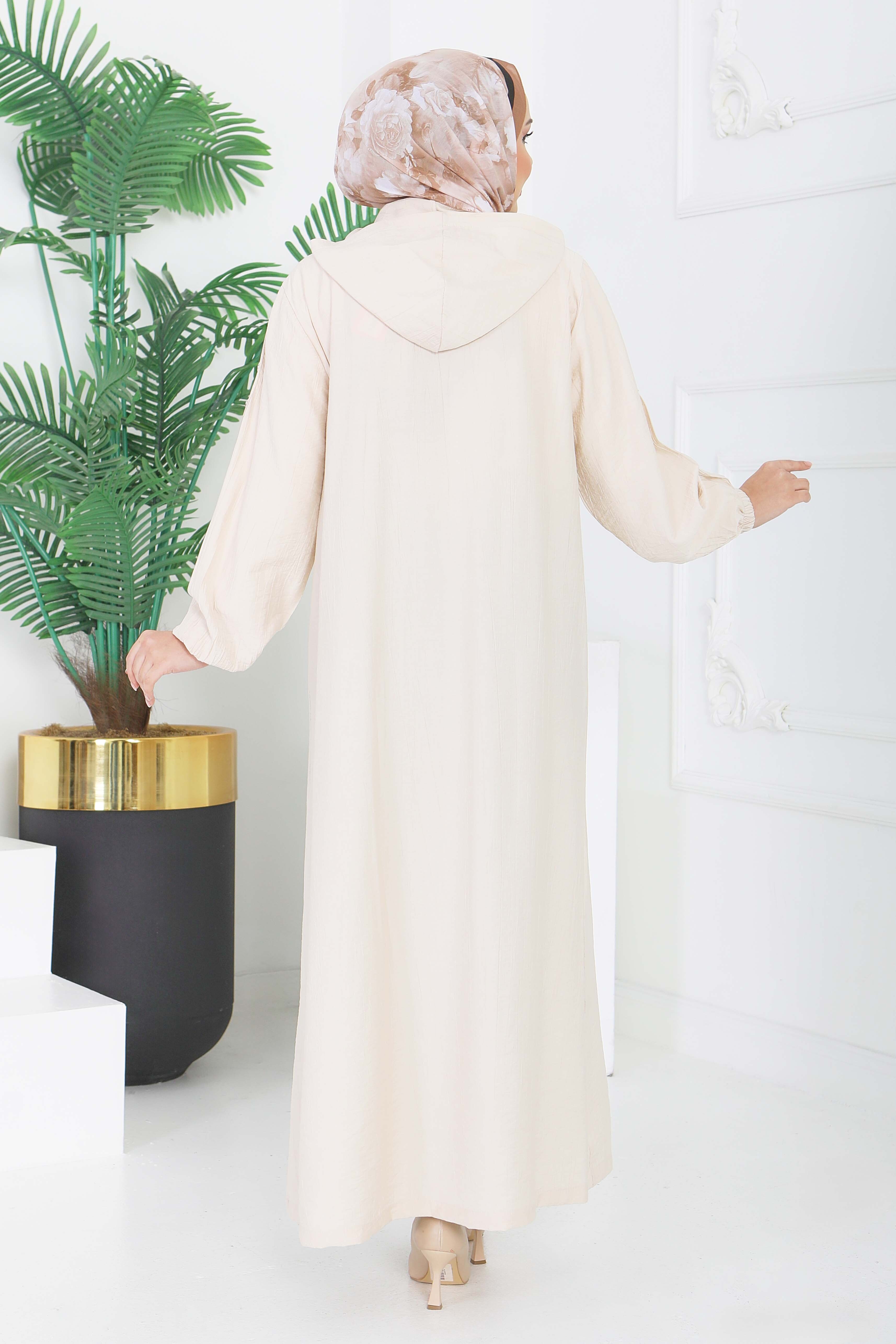 Fermuarlı Kapşonlu Ferace Krem - 28391-KREM - 6