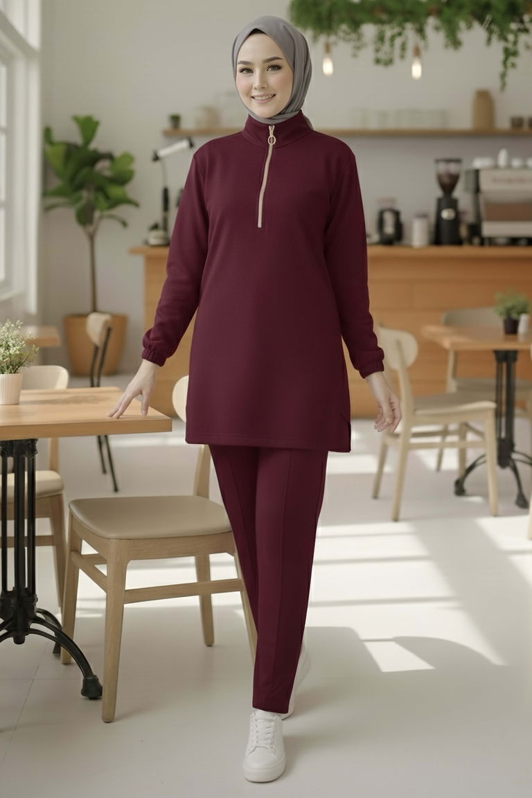 Fermuarlı Modal İkili Takım - 1013-BORDO - TOFİSA