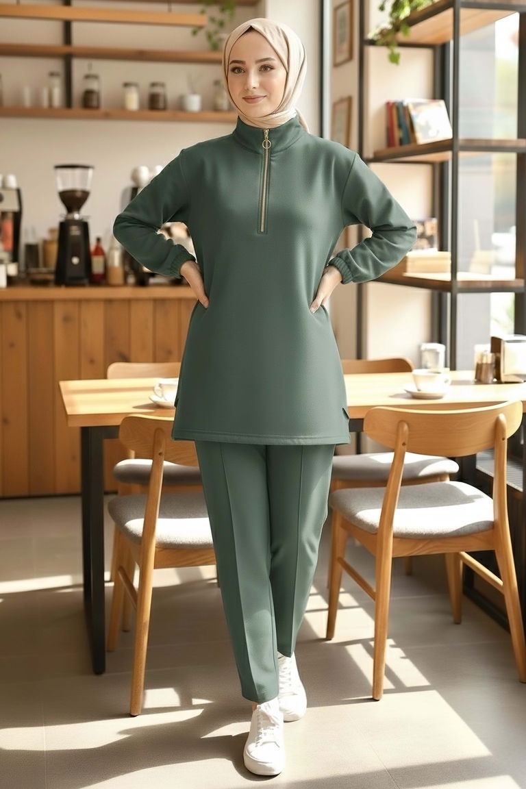 Fermuarlı Modal İkili Takım - 1013-HAKI - TOFİSA