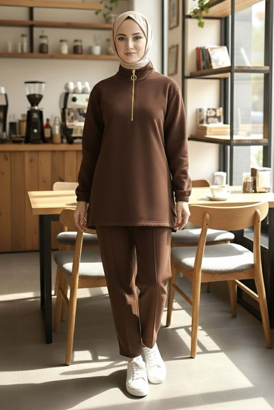 Fermuarlı Modal İkili Takım - 1013-KAHVE 