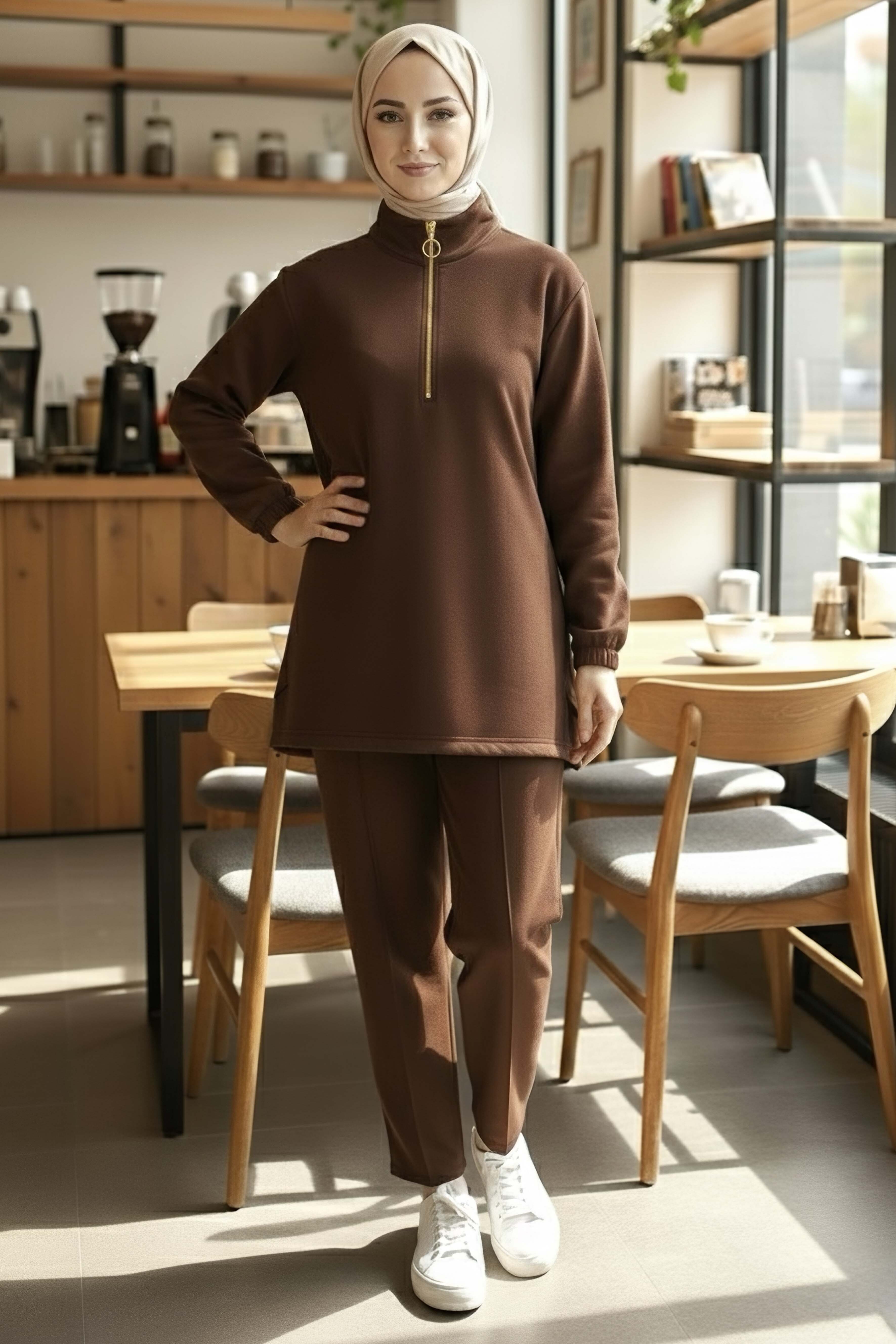 Fermuarlı Modal İkili Takım - 1013-KAHVE - 2