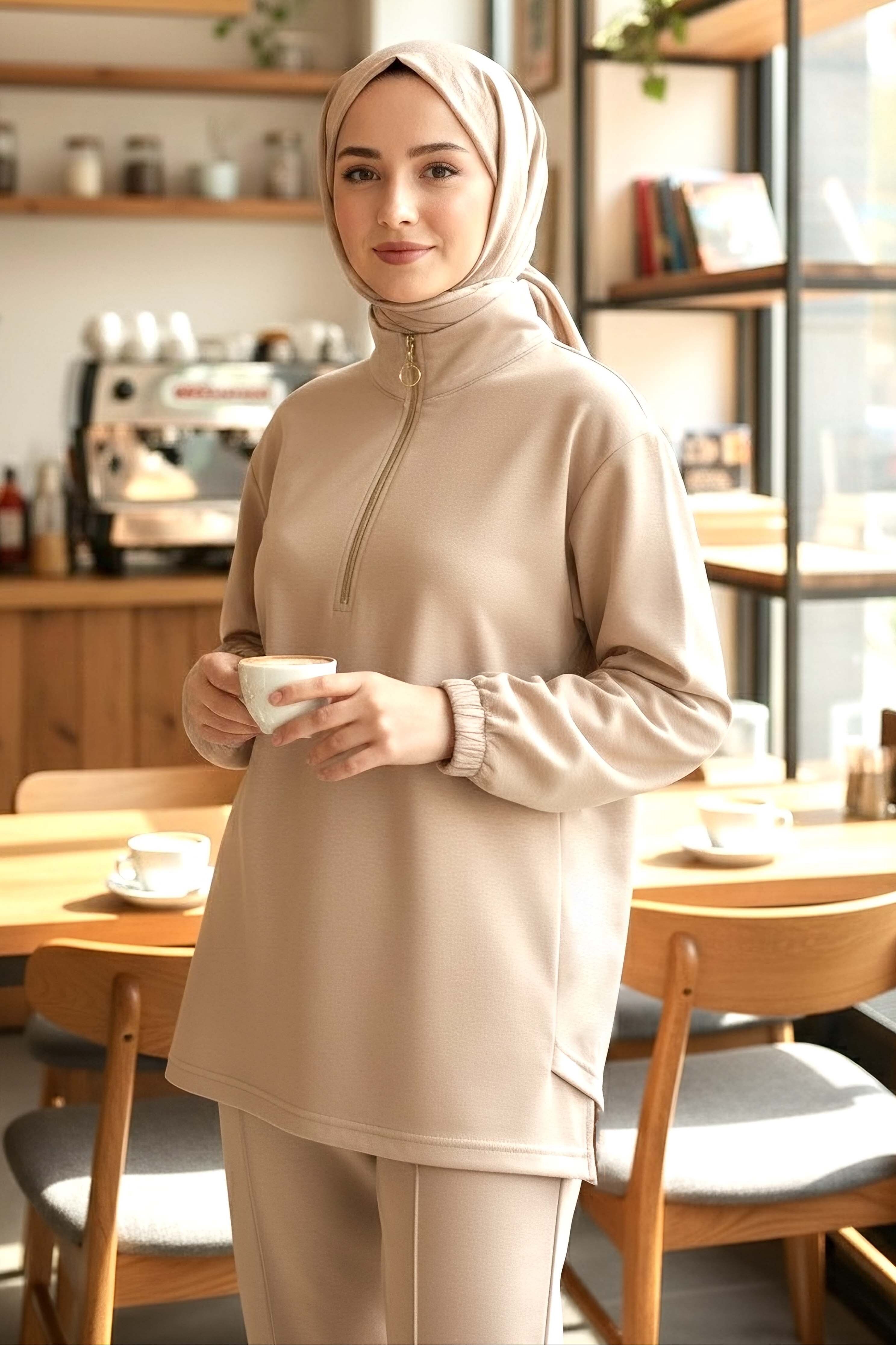 Fermuarlı Modal İkili Takım - 1013-KREM - 1