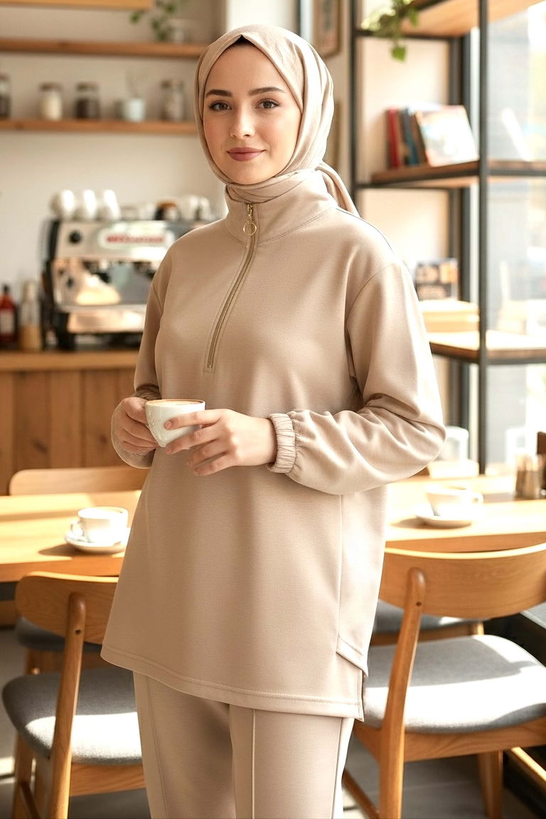 Fermuarlı Modal İkili Takım - 1013-KREM - TOFİSA