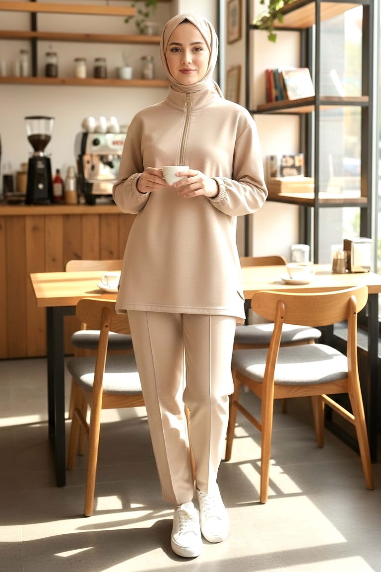 Fermuarlı Modal İkili Takım - 1013-KREM - TOFİSA