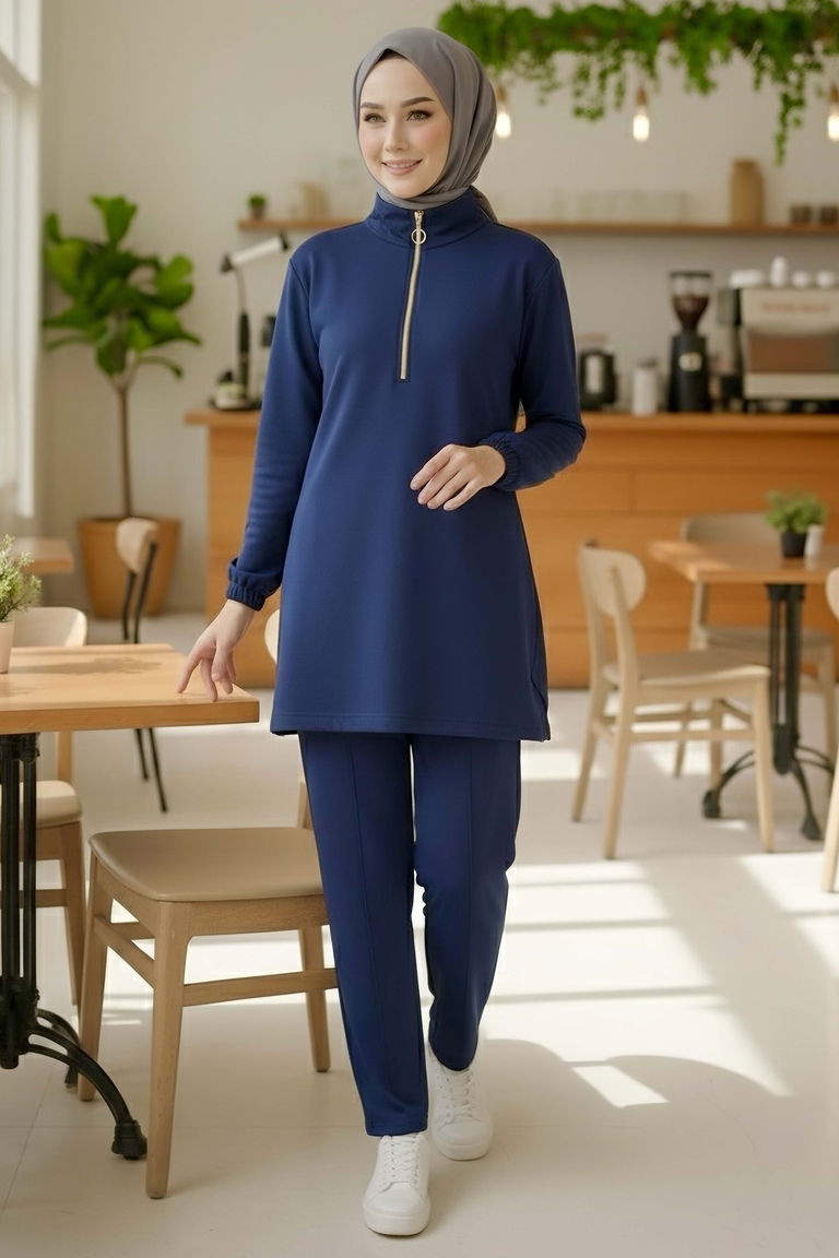 Fermuarlı Modal İkili Takım - 1013-LACIVERT - TOFİSA