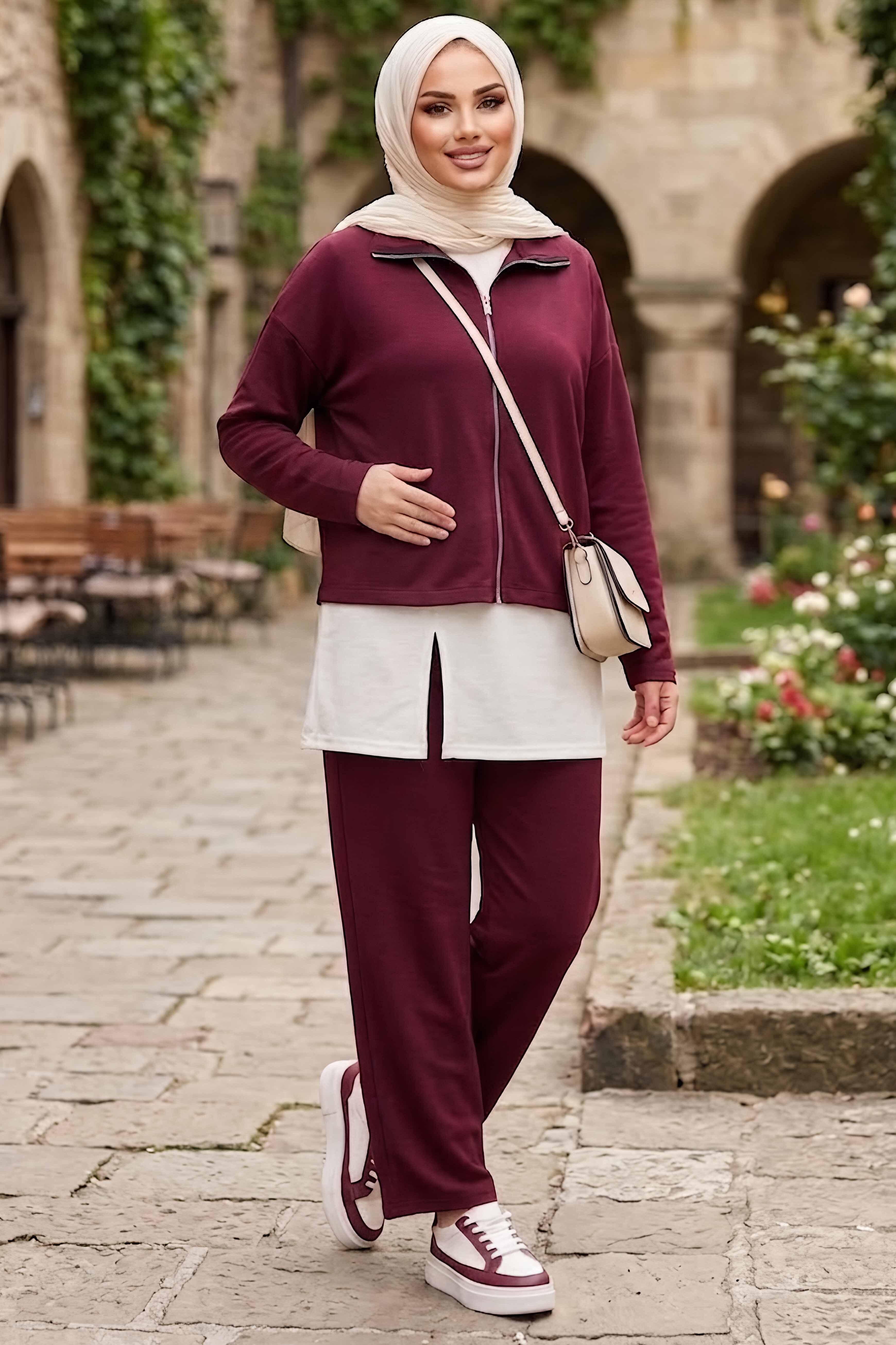 Fermuarlı Modal Üçlü Takım Bordo - 28876-BORDO - 1
