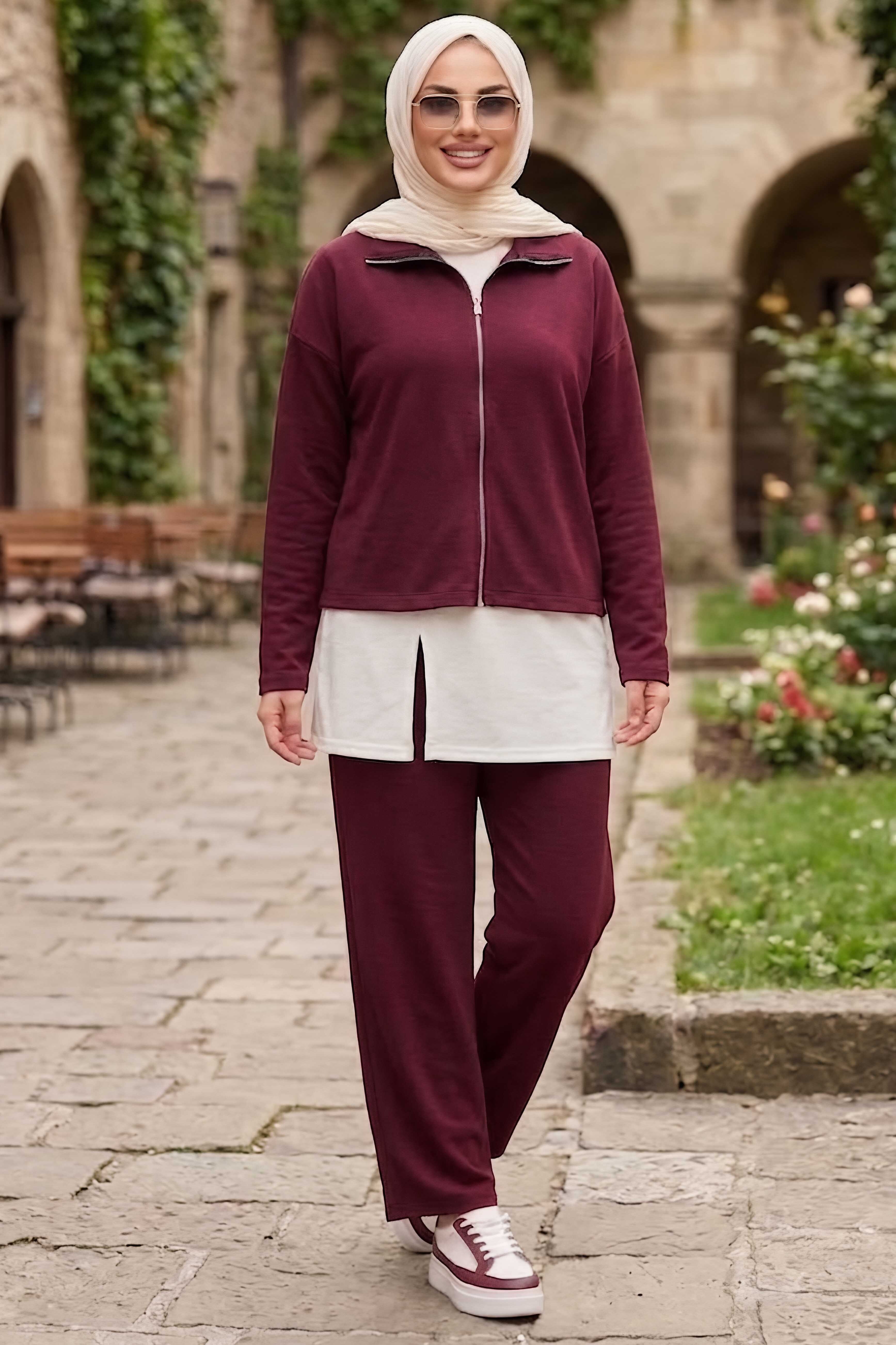 Fermuarlı Modal Üçlü Takım Bordo - 28876-BORDO - 2