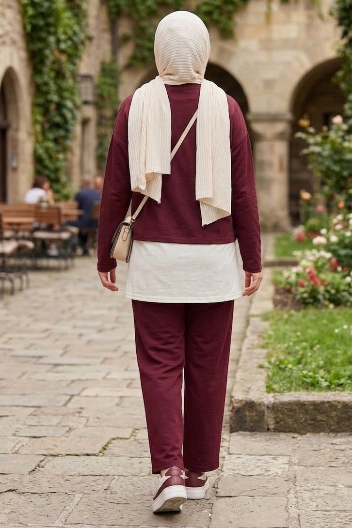 Fermuarlı Modal Üçlü Takım Bordo - 28876-BORDO - 3