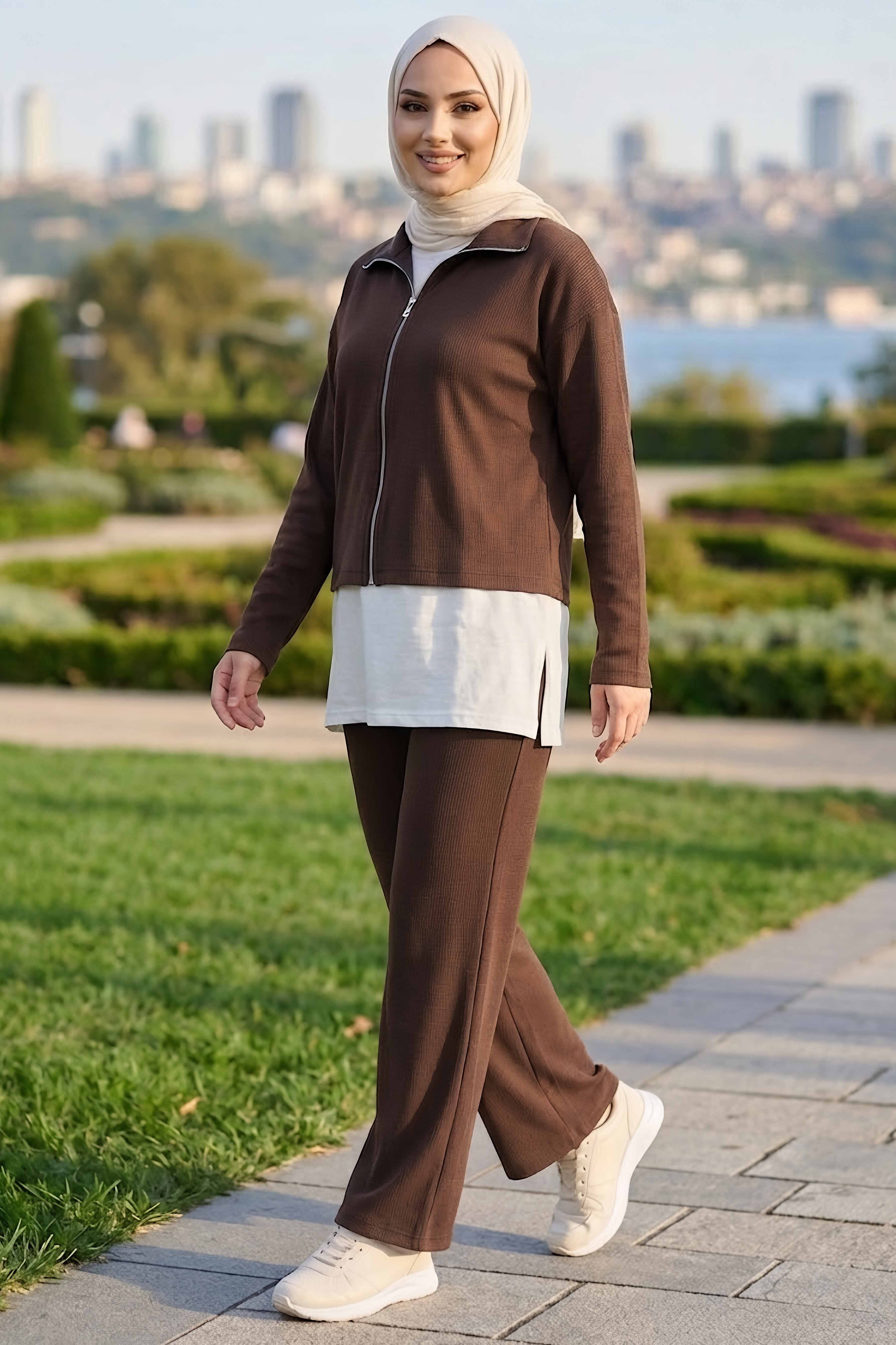 Fermuarlı Modal Üçlü Takım Kahve - 28876-KAHVE - 2
