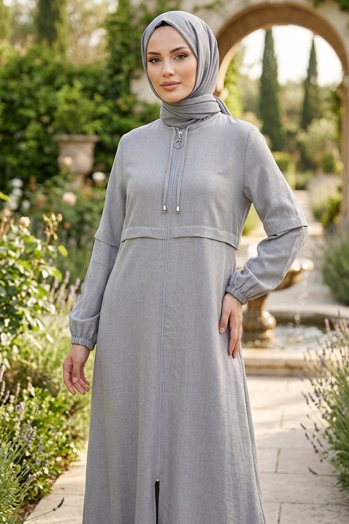 Fermuarlı Sofia Keten Ferace Gri - 2125-GRI - 1