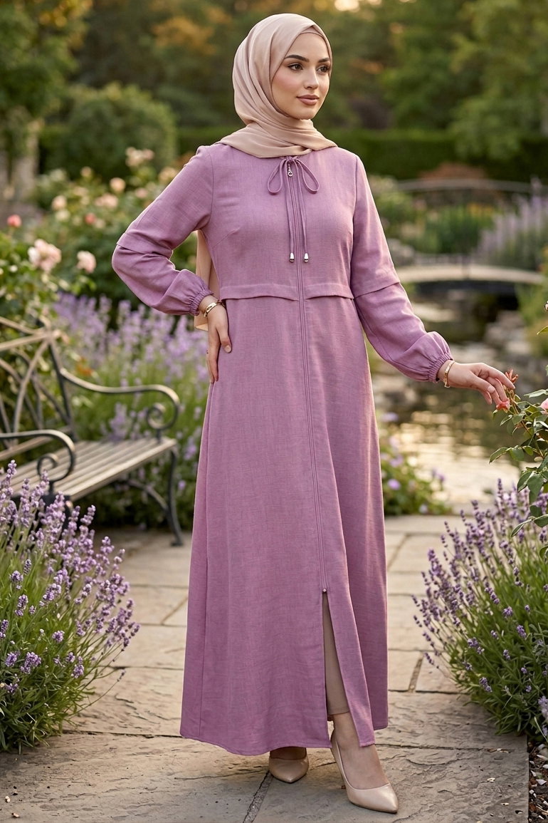 Fermuarlı Sofia Keten Ferace Gul Kurusu - 2125-GUL-KURUSU - 2