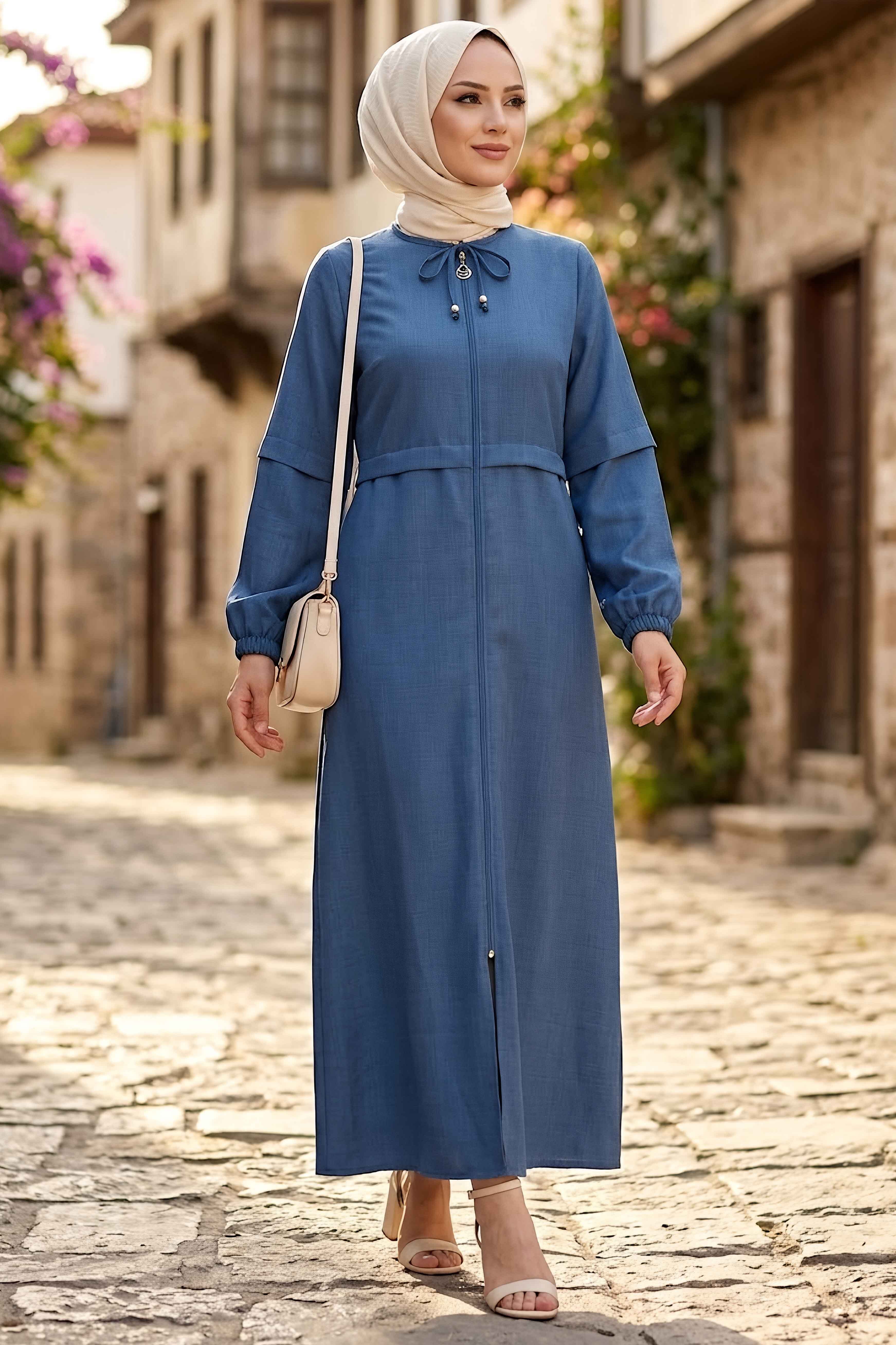 Fermuarlı Sofia Keten Ferace Indigo - 2125-INDIGO - 1