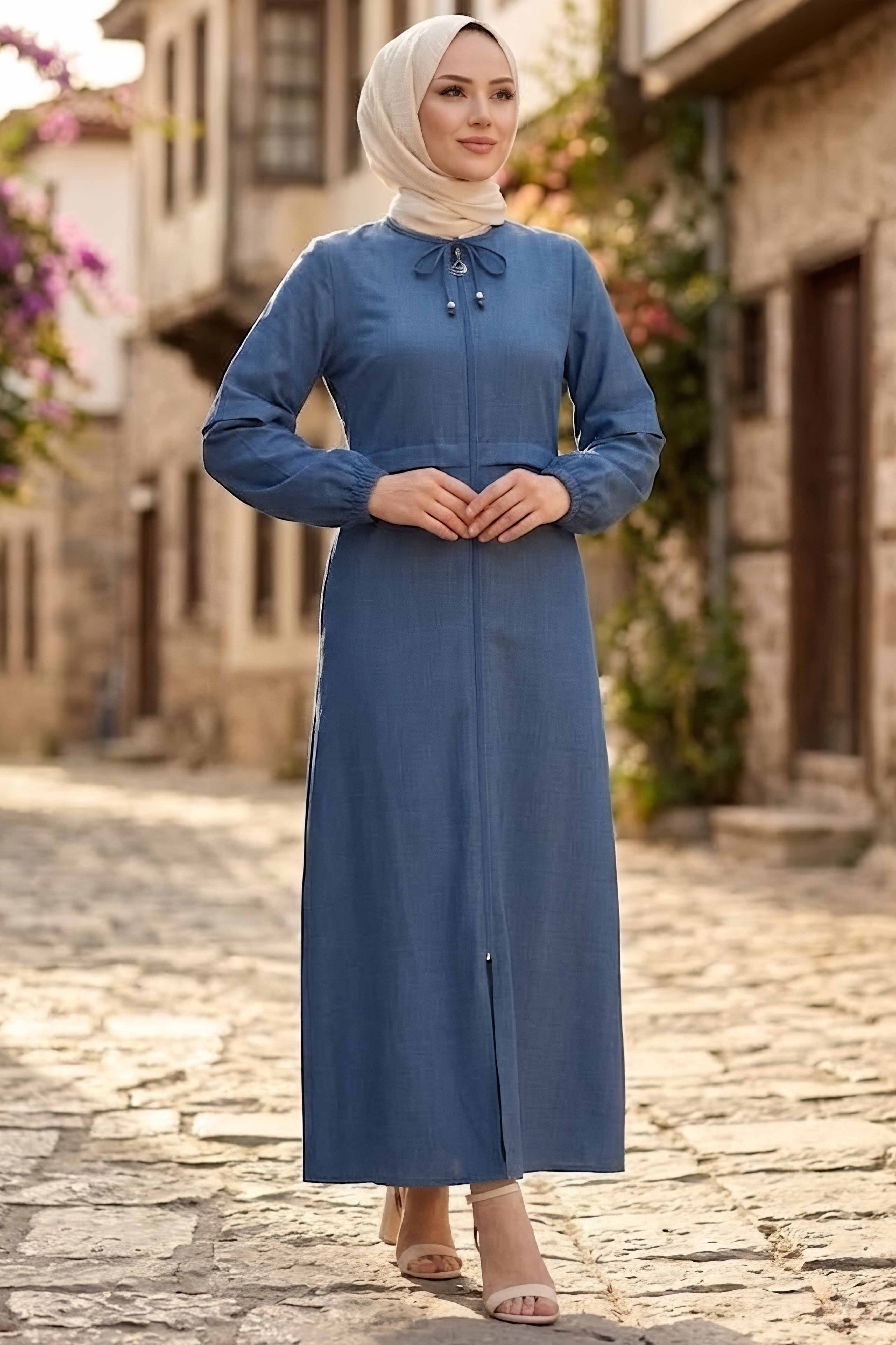 Fermuarlı Sofia Keten Ferace Indigo - 2125-INDIGO - 2