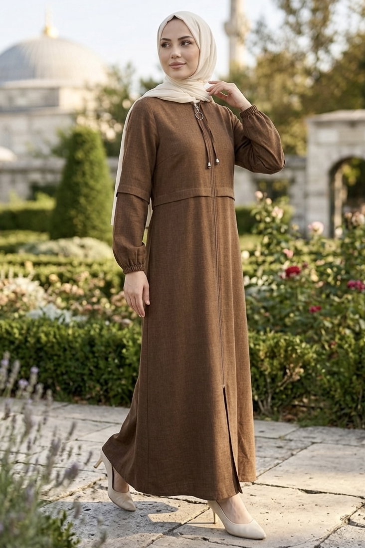 Fermuarlı Sofia Keten Ferace Kahve - 2125-KAHVE - 1