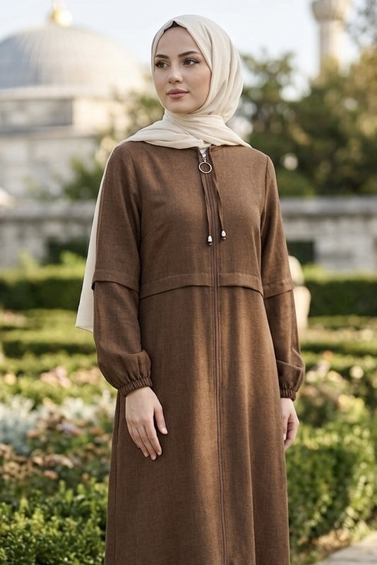 Fermuarlı Sofia Keten Ferace Kahve - 2125-KAHVE - 2