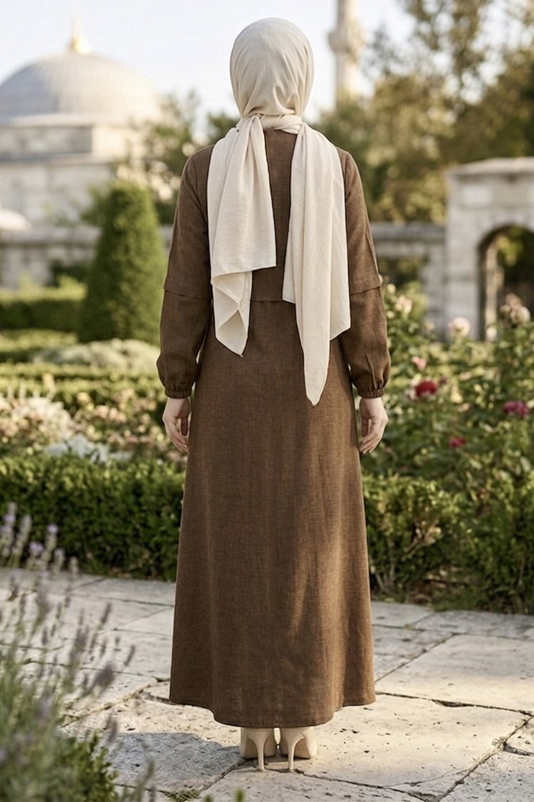 Fermuarlı Sofia Keten Ferace Kahve - 2125-KAHVE - 3