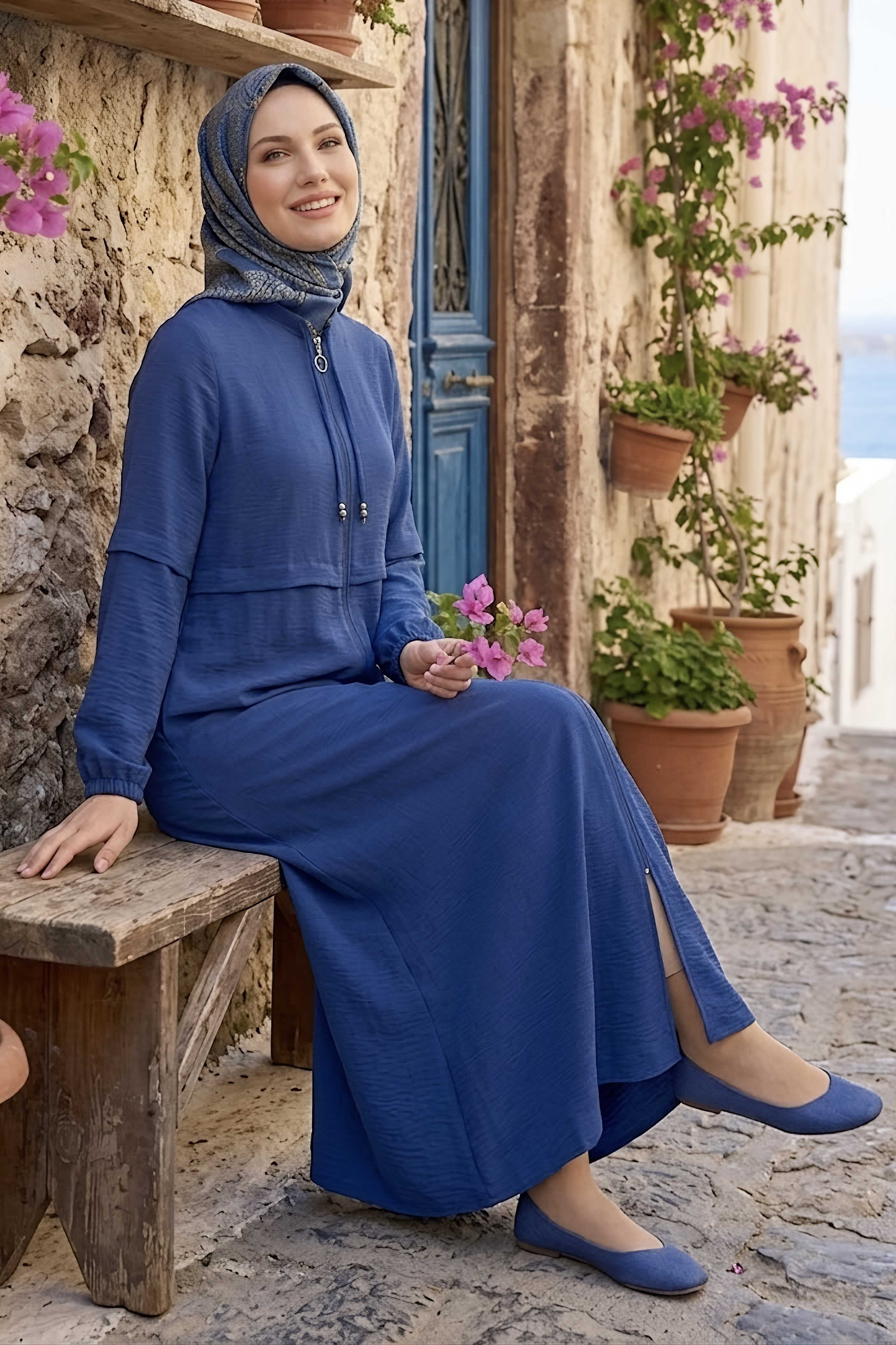 Fermuarlı Sofia Keten Ferace Lacivert - 2125-LACIVERT - 1