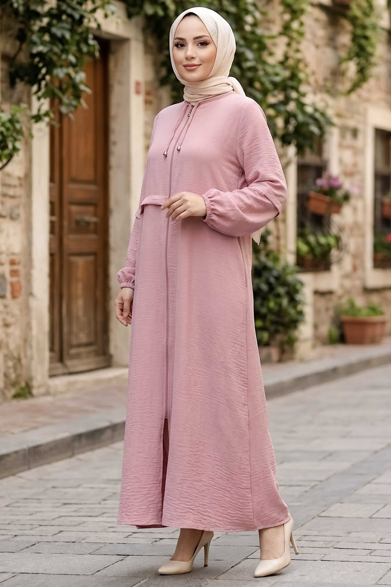 Fermuarlı Sofia Keten Ferace Pudra - 2125-PUDRA - 1
