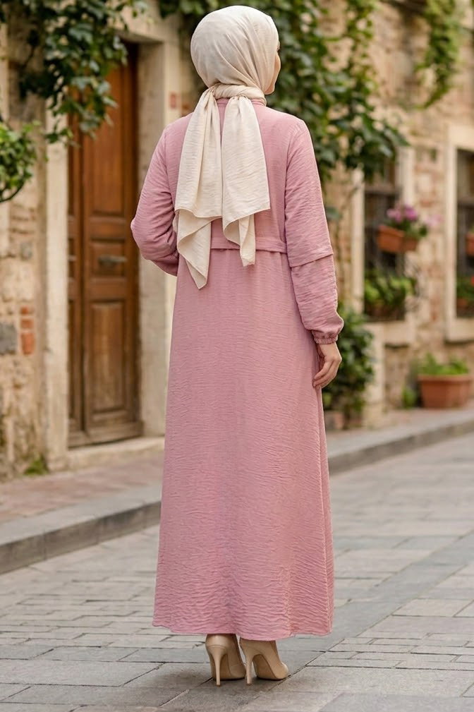 Fermuarlı Sofia Keten Ferace Pudra - 2125-PUDRA - 3